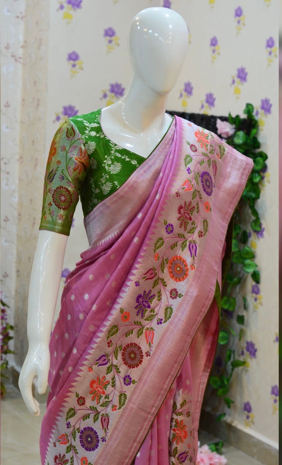 Beautiful premium quality paithani silk saree paired up with pretty designer banarasi blouse