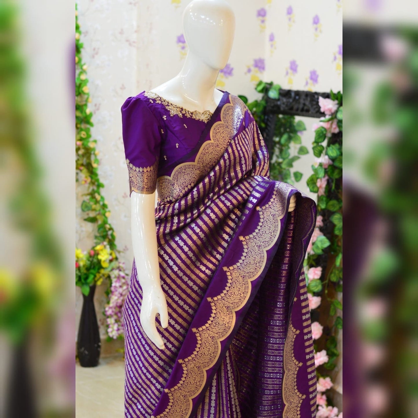 Beautiful Banarasi kataan silk saree paired up with pretty Maggam work blouse. Blouse sizes can be customized.