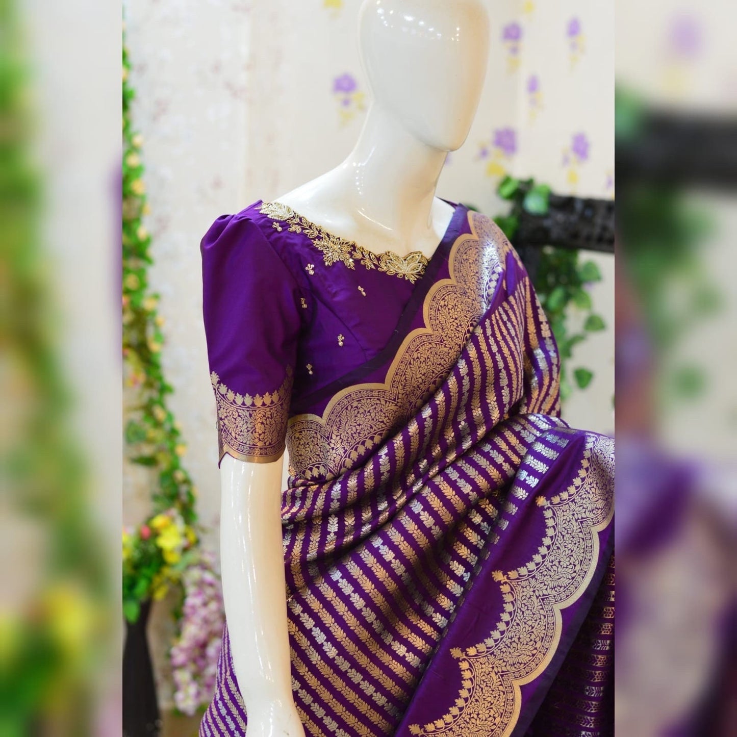 Beautiful Banarasi kataan silk saree paired up with pretty Maggam work blouse. Blouse sizes can be customized.