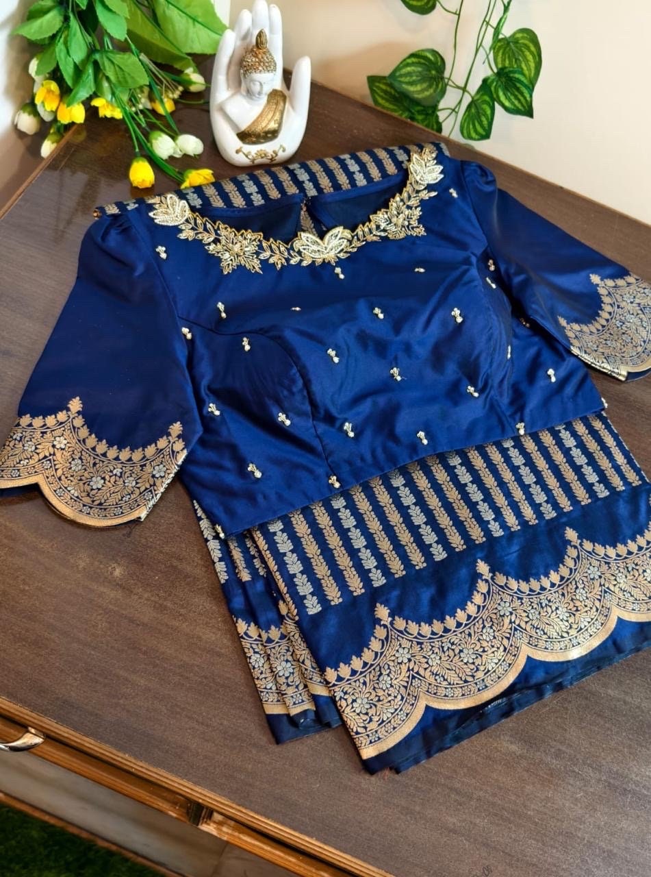 Beautiful Banarasi kataan silk saree paired up with pretty Maggam work blouse. Blouse sizes can be customized.