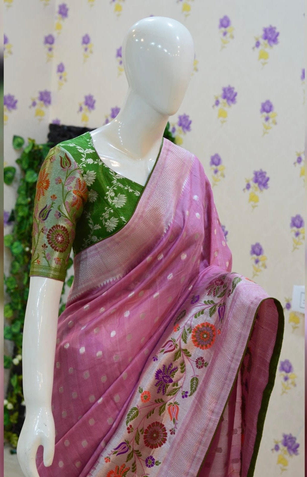 Beautiful premium quality paithani silk saree paired up with pretty designer banarasi blouse