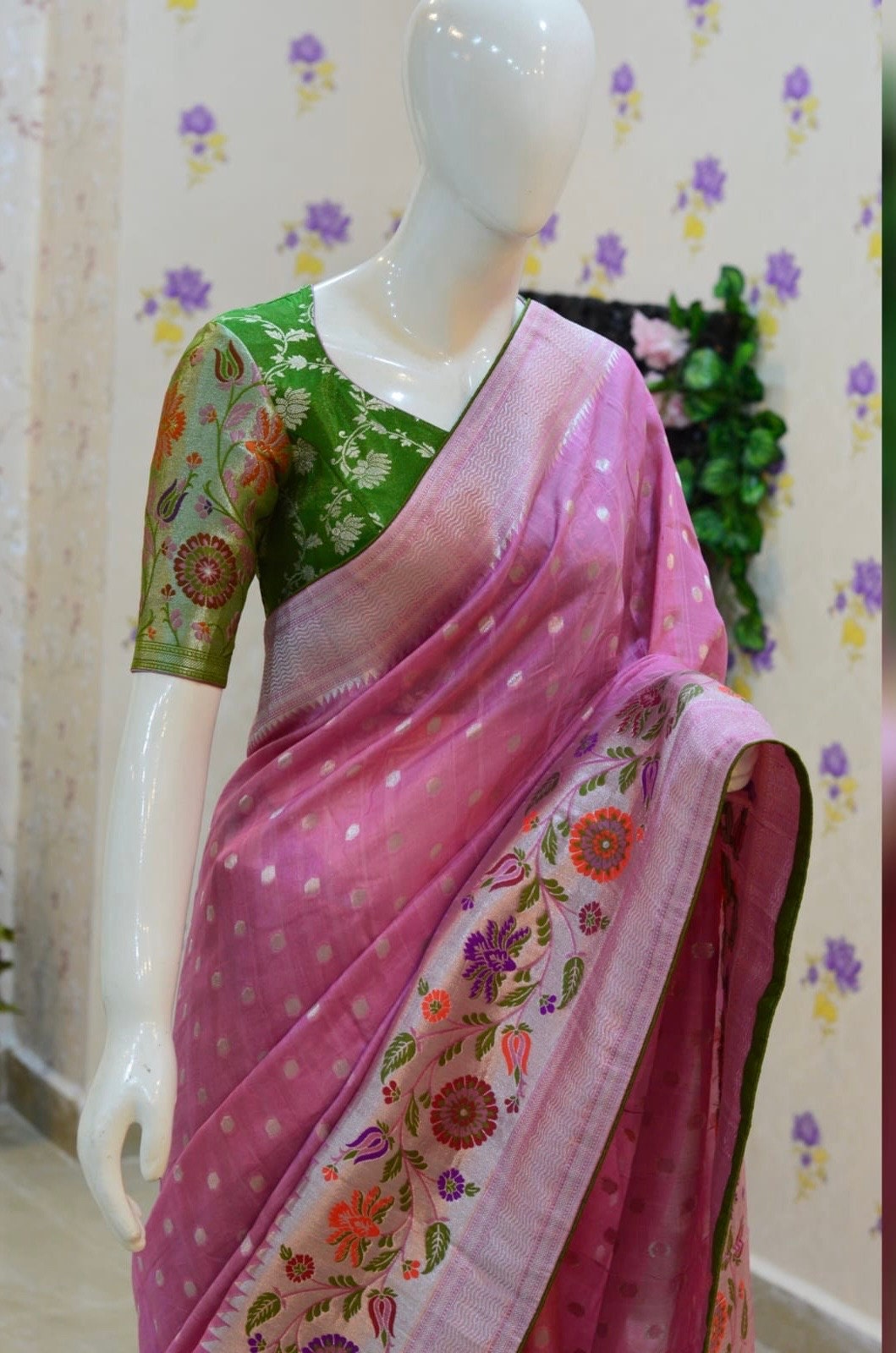 Beautiful premium quality paithani silk saree paired up with pretty designer banarasi blouse