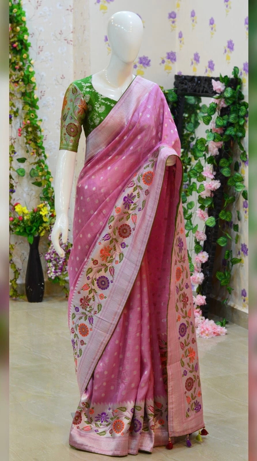 Beautiful premium quality paithani silk saree paired up with pretty designer banarasi blouse