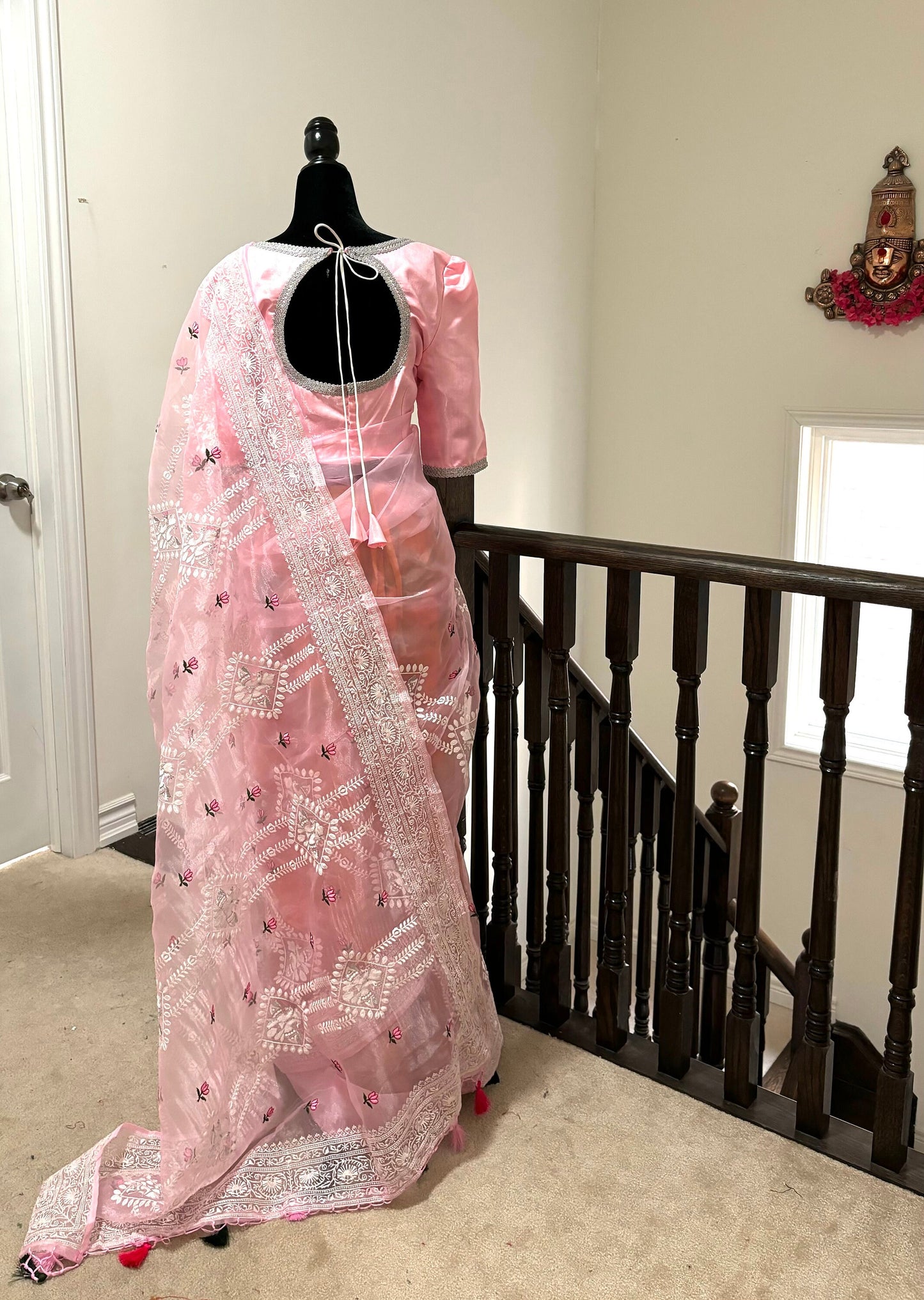 Banarasi organza saree with beautiful chiken Kari all over the saree. Saree is ready with beautiful designer blouse that fit to 32-46 Ideal