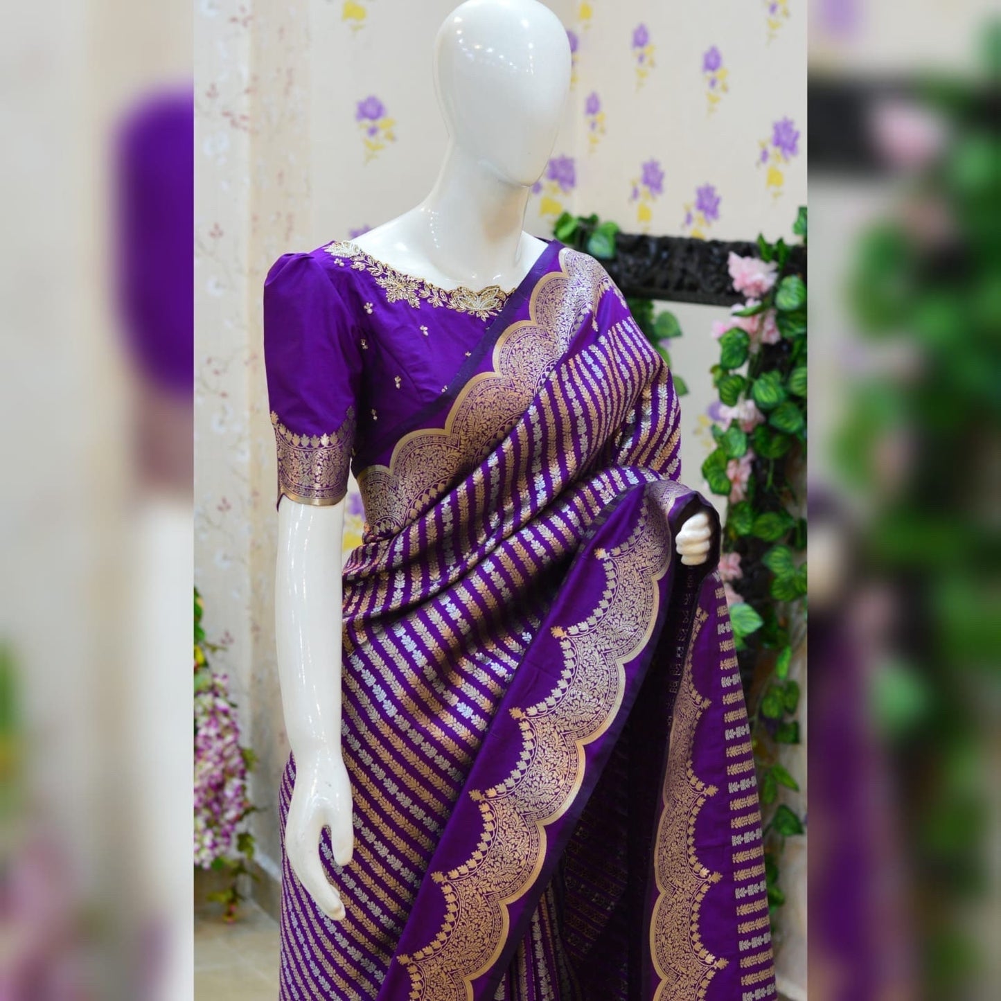 Beautiful Banarasi kataan silk saree paired up with pretty Maggam work blouse. Blouse sizes can be customized.