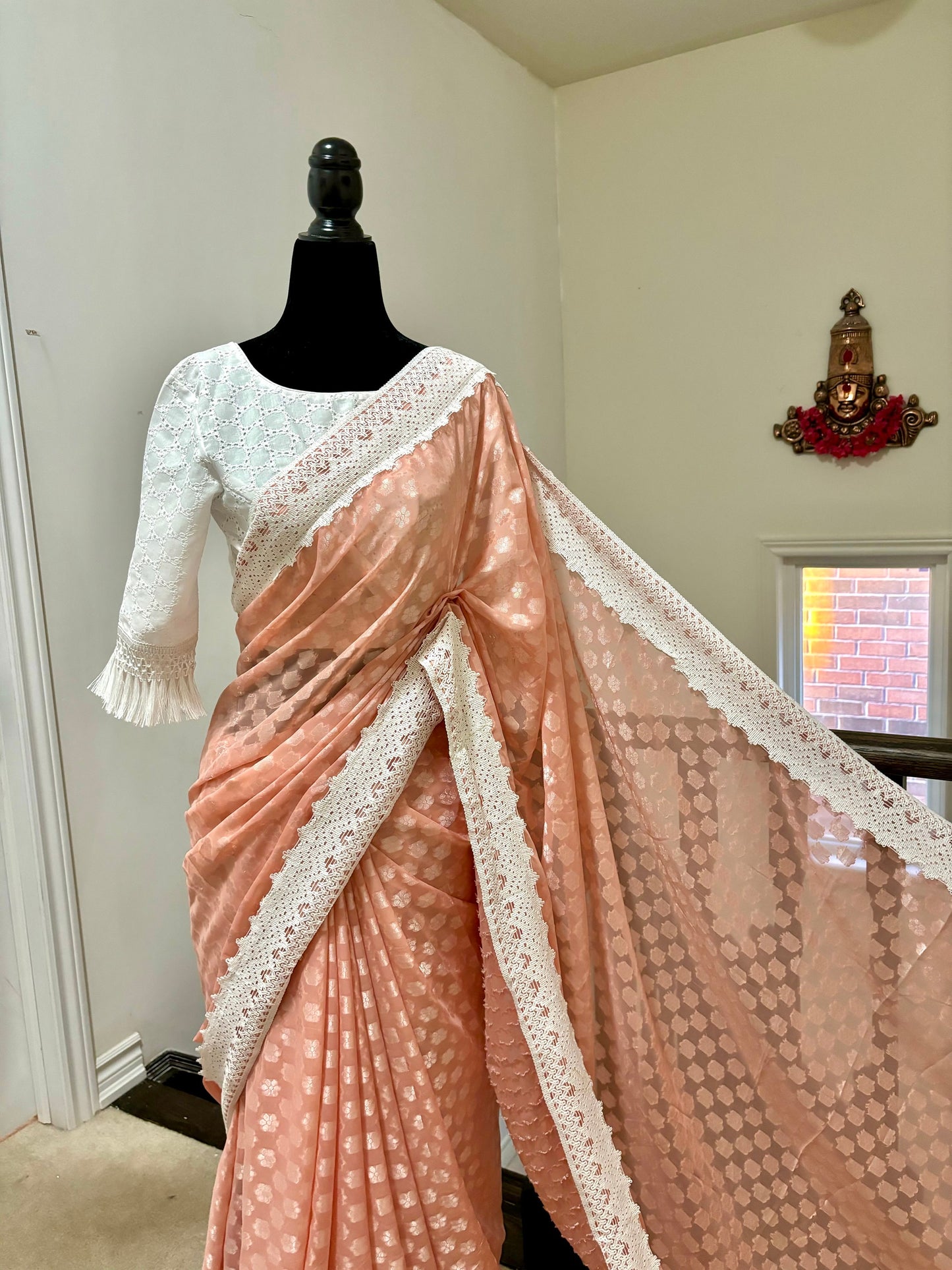 Beautiful soft falling georgette on sabyasachi lace borders unique eye cooling pestal shades. Ready to wear designer blouse fits 32-44
