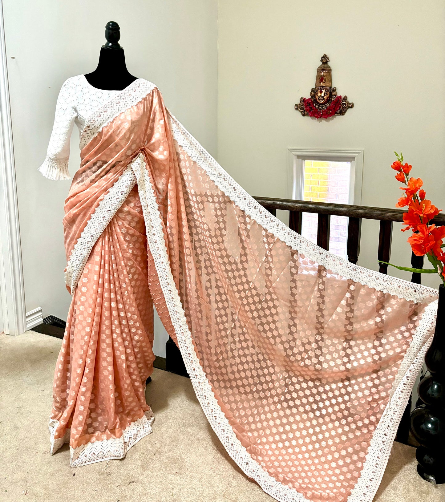 Beautiful soft falling georgette on sabyasachi lace borders unique eye cooling pestal shades. Ready to wear designer blouse fits 32-44