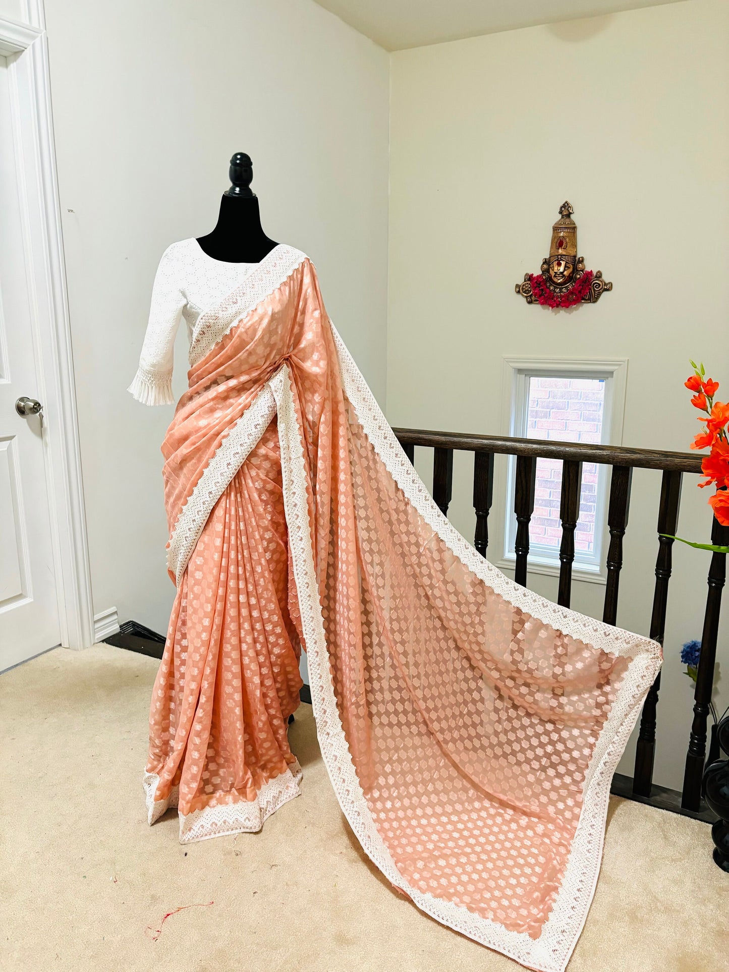 Beautiful soft falling georgette on sabyasachi lace borders unique eye cooling pestal shades. Ready to wear designer blouse fits 32-44