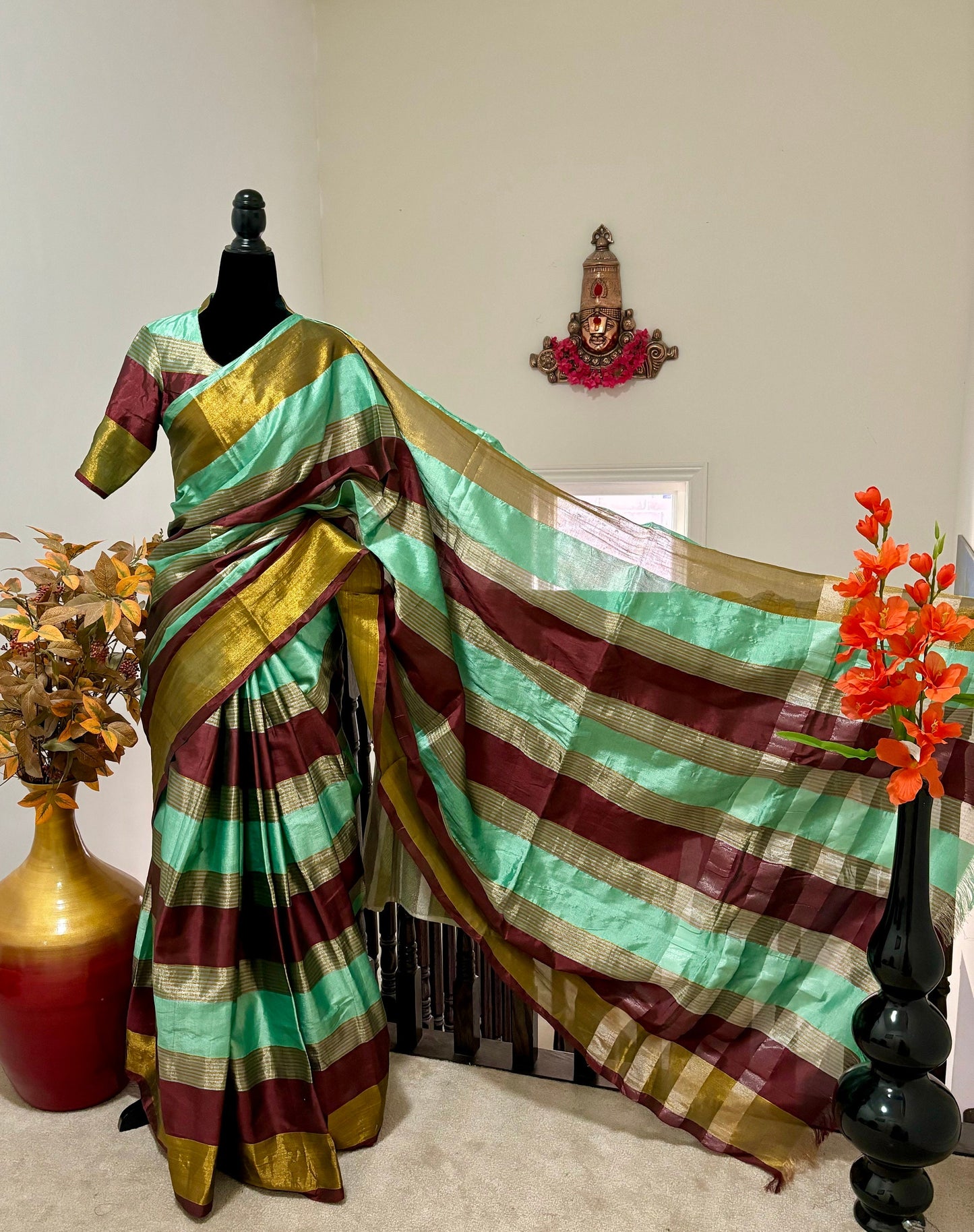 Beautiful Banarasi Organza with elbow length ready to wear designer blouse fit to 32 to 44
