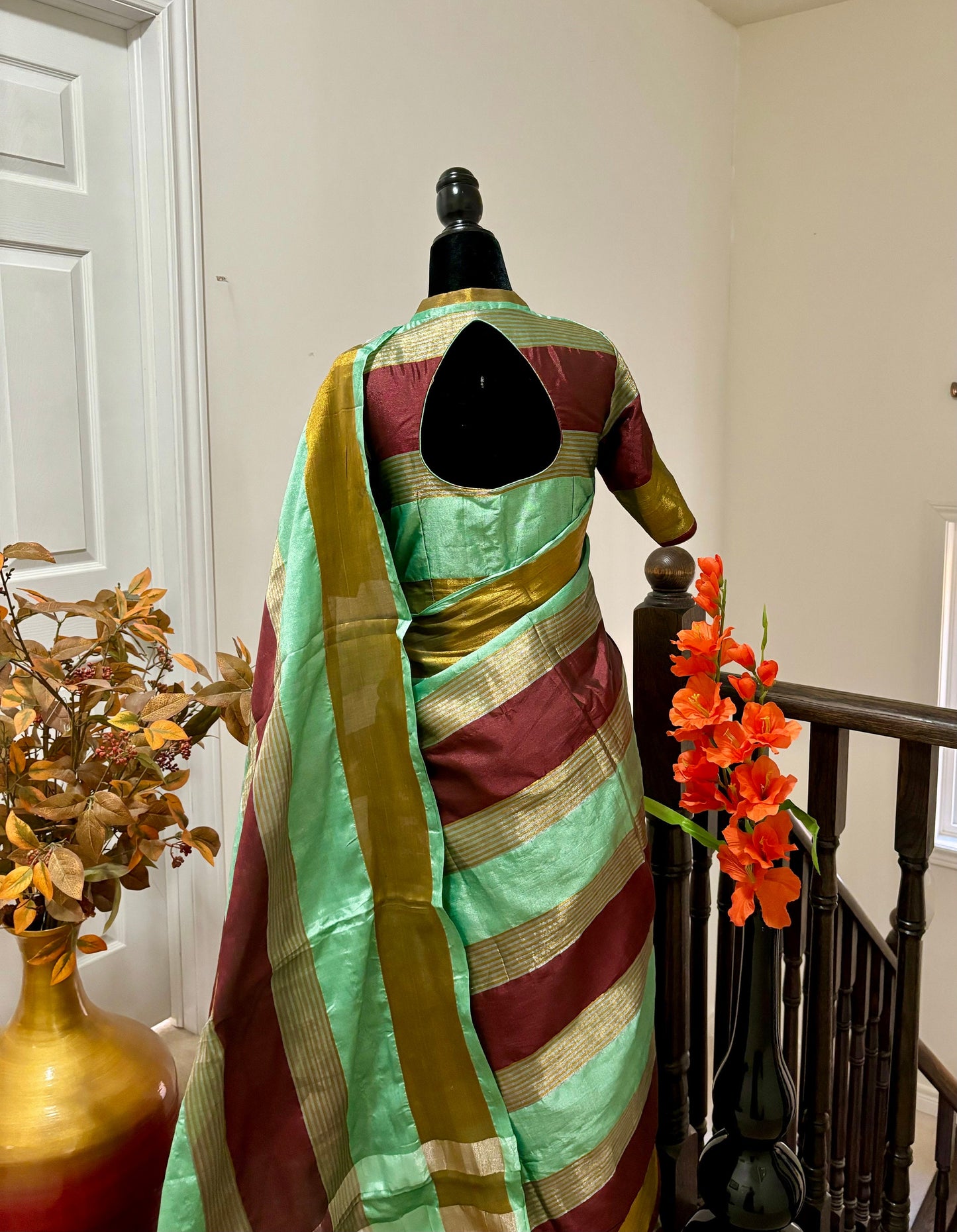 Beautiful Banarasi Organza with elbow length ready to wear designer blouse fit to 32 to 44