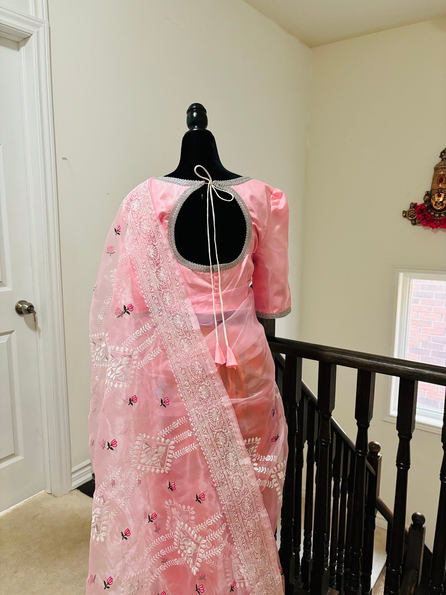 Banarasi organza saree with beautiful chiken Kari all over the saree. Saree is ready with beautiful designer blouse that fit to 32-46 Ideal