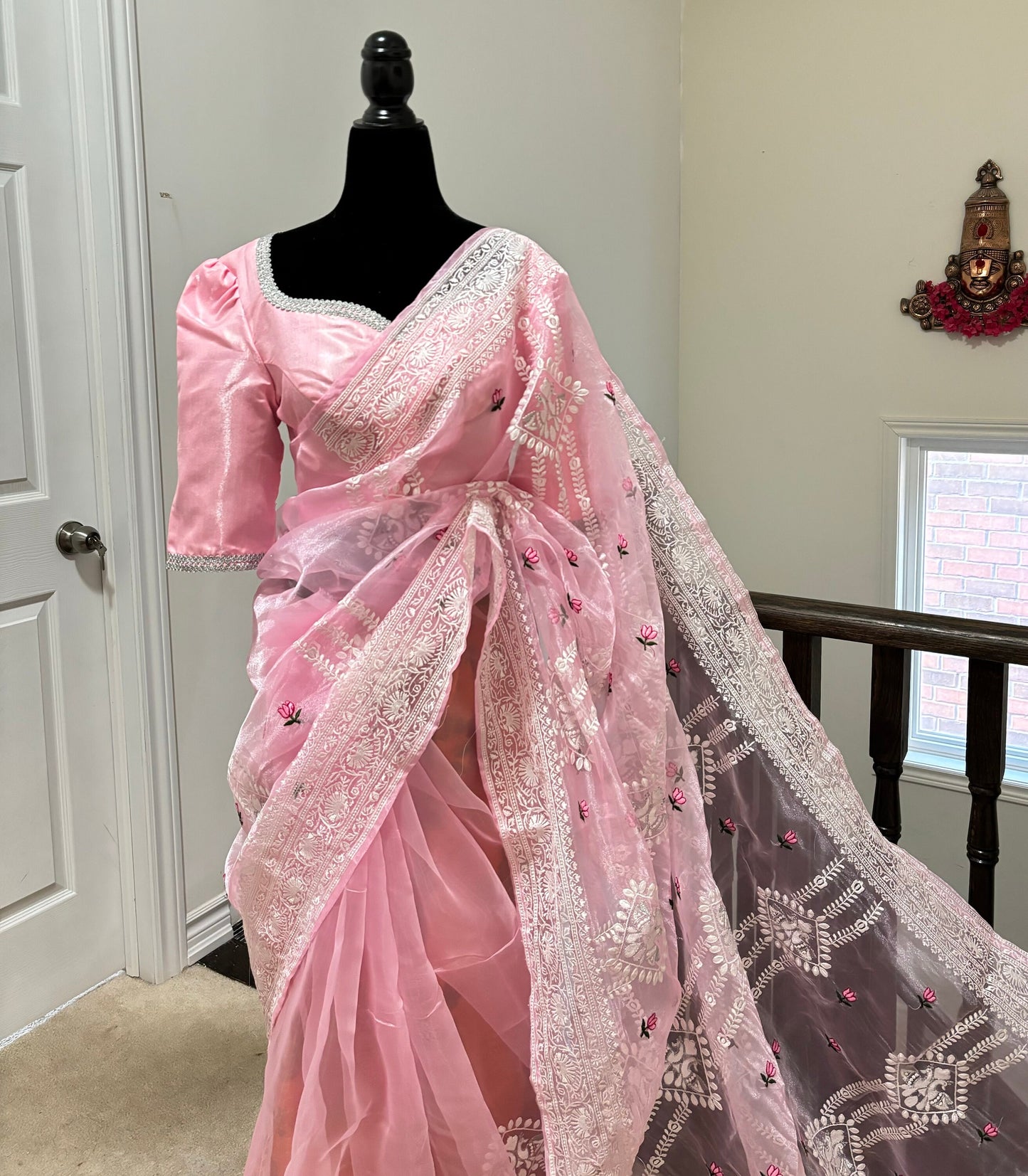 Banarasi organza saree with beautiful chiken Kari all over the saree. Saree is ready with beautiful designer blouse that fit to 32-46 Ideal