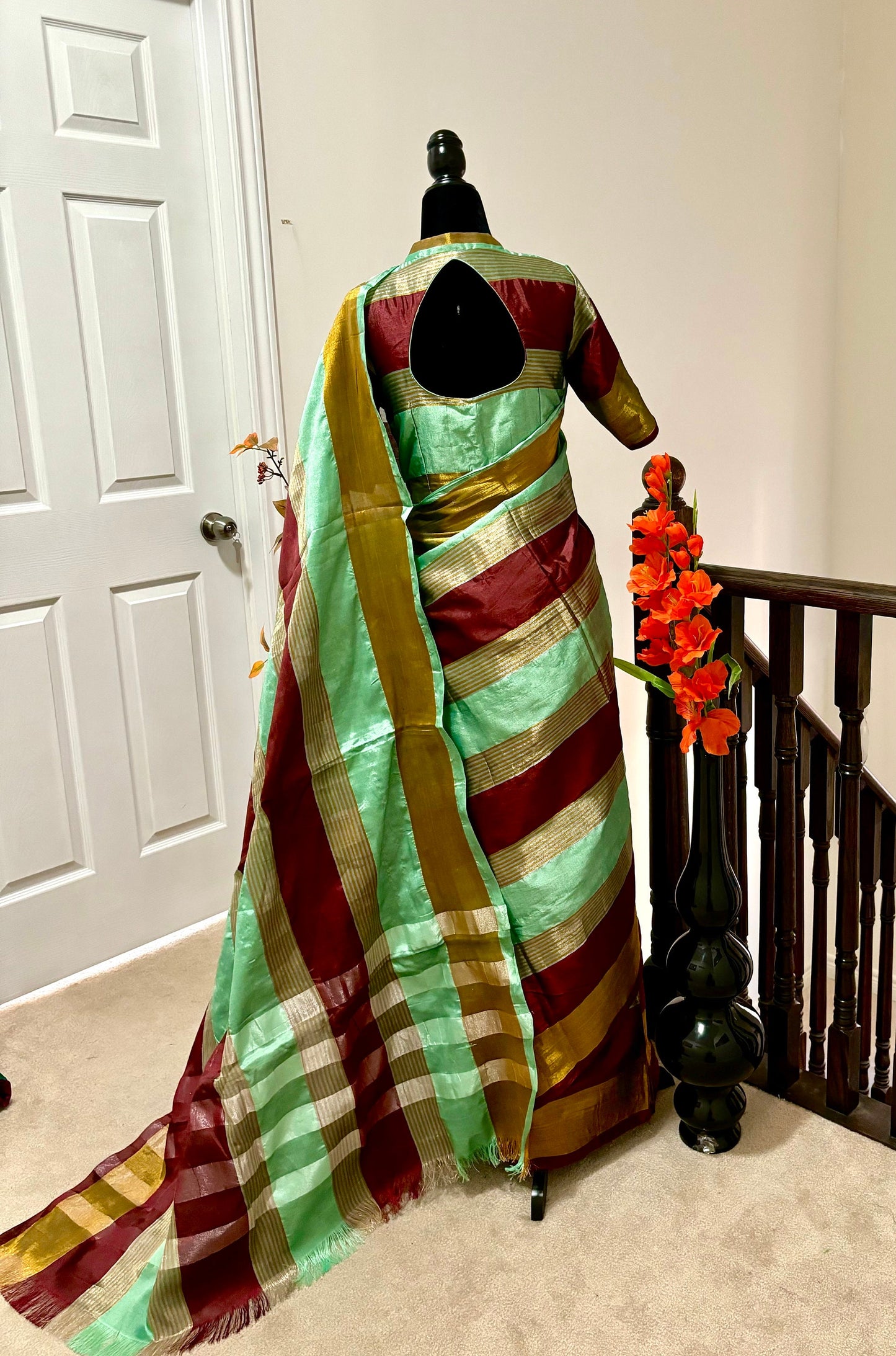 Beautiful Banarasi Organza with elbow length ready to wear designer blouse fit to 32 to 44