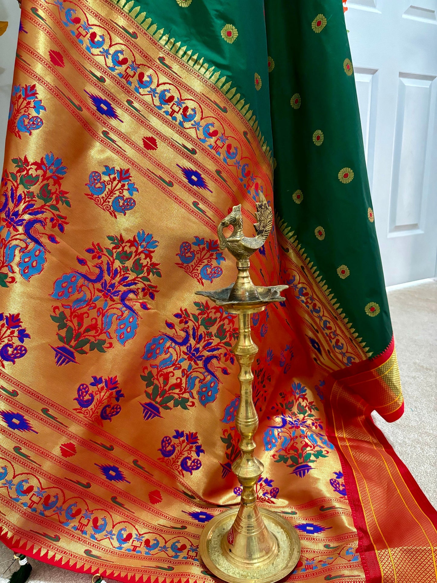 Beautiful pythani pure silk saree with ready to wear beautiful work blouse fits up to 32 to 46 Bottle green color, saree is ready to wear