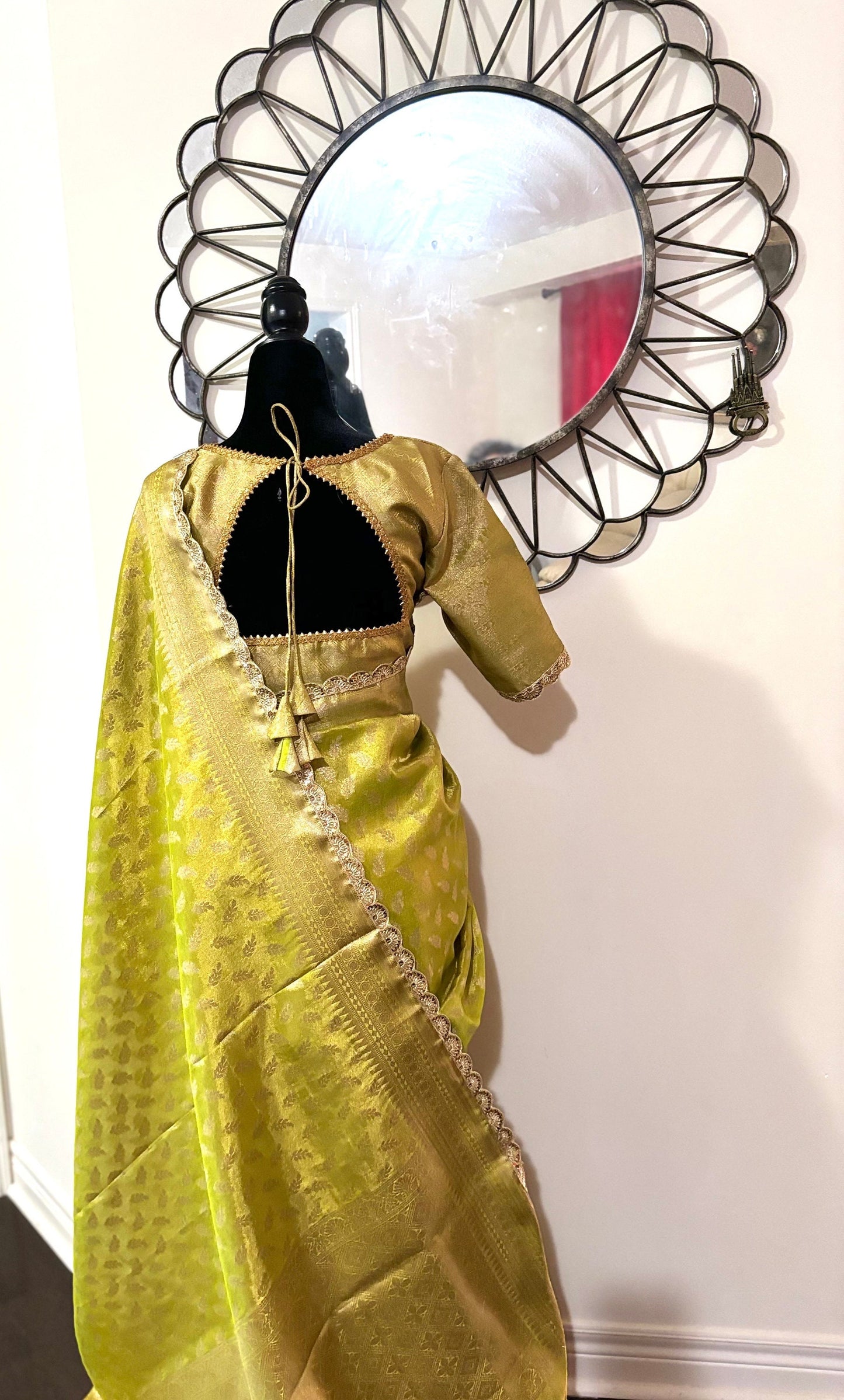 Beautiful party wear cocktail pure silk crushed tissue saree paired up with pretty designer Blouse fits 32-46/contact seller for availabil
