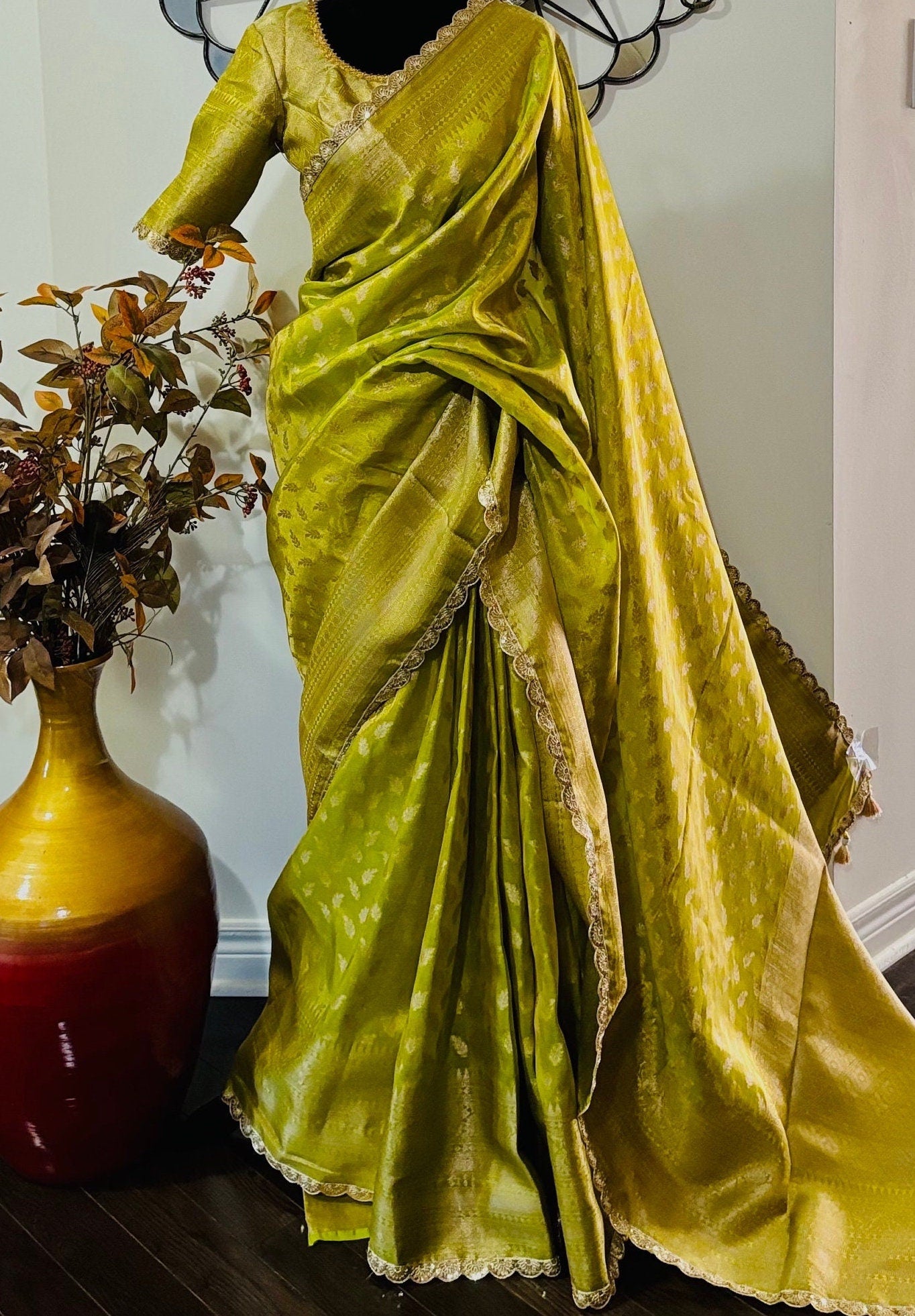 Beautiful party wear cocktail pure silk crushed tissue saree paired up with pretty designer Blouse fits 32-46/contact seller for availabil