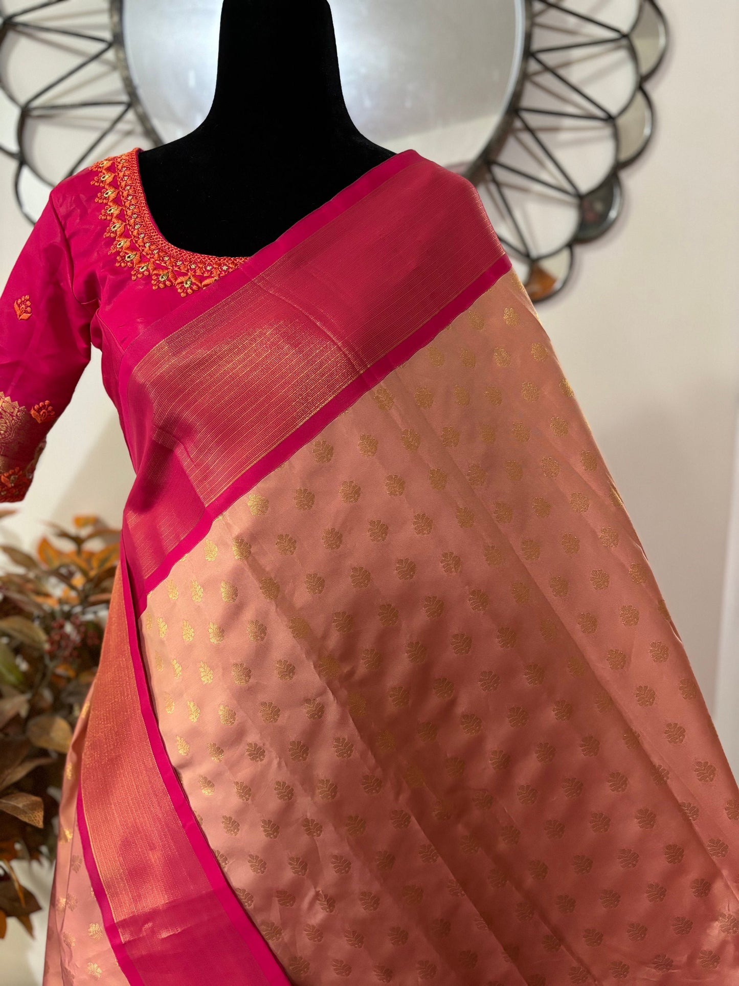 Soft Silk Kanjeevarm/Kanchipattu Sarees; Rose gold and hot pink combination ready to wear Blouse fits 32-46