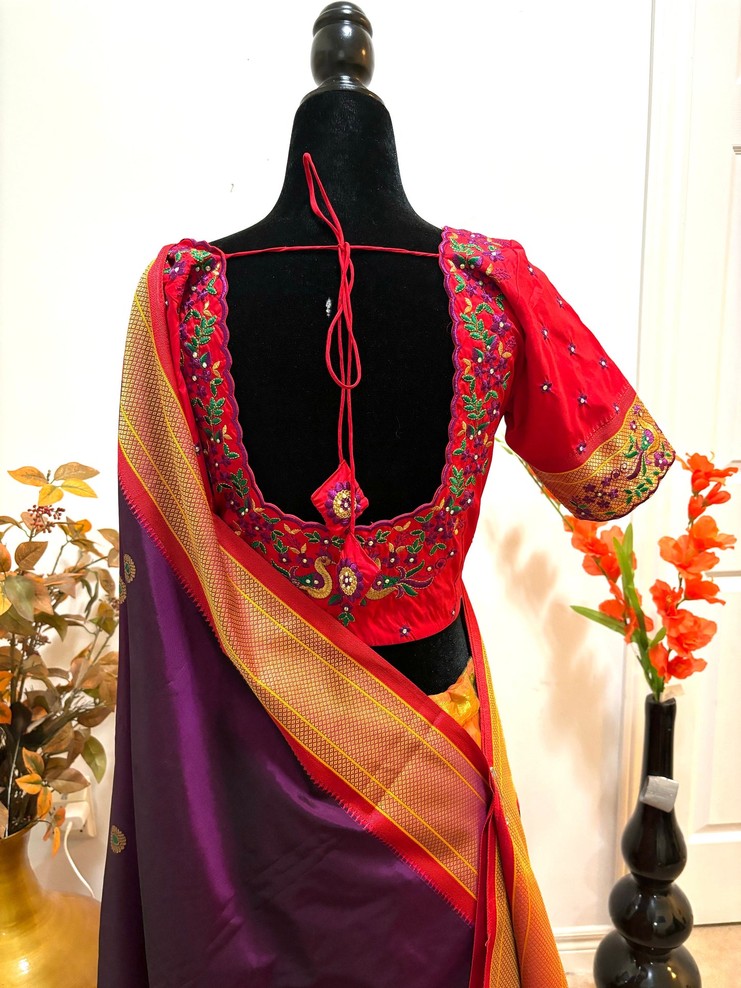 Beautiful pythani pure silk saree with ready to wear beautiful work blouse fits up to 32 to 46 purple color, saree is ready to wear