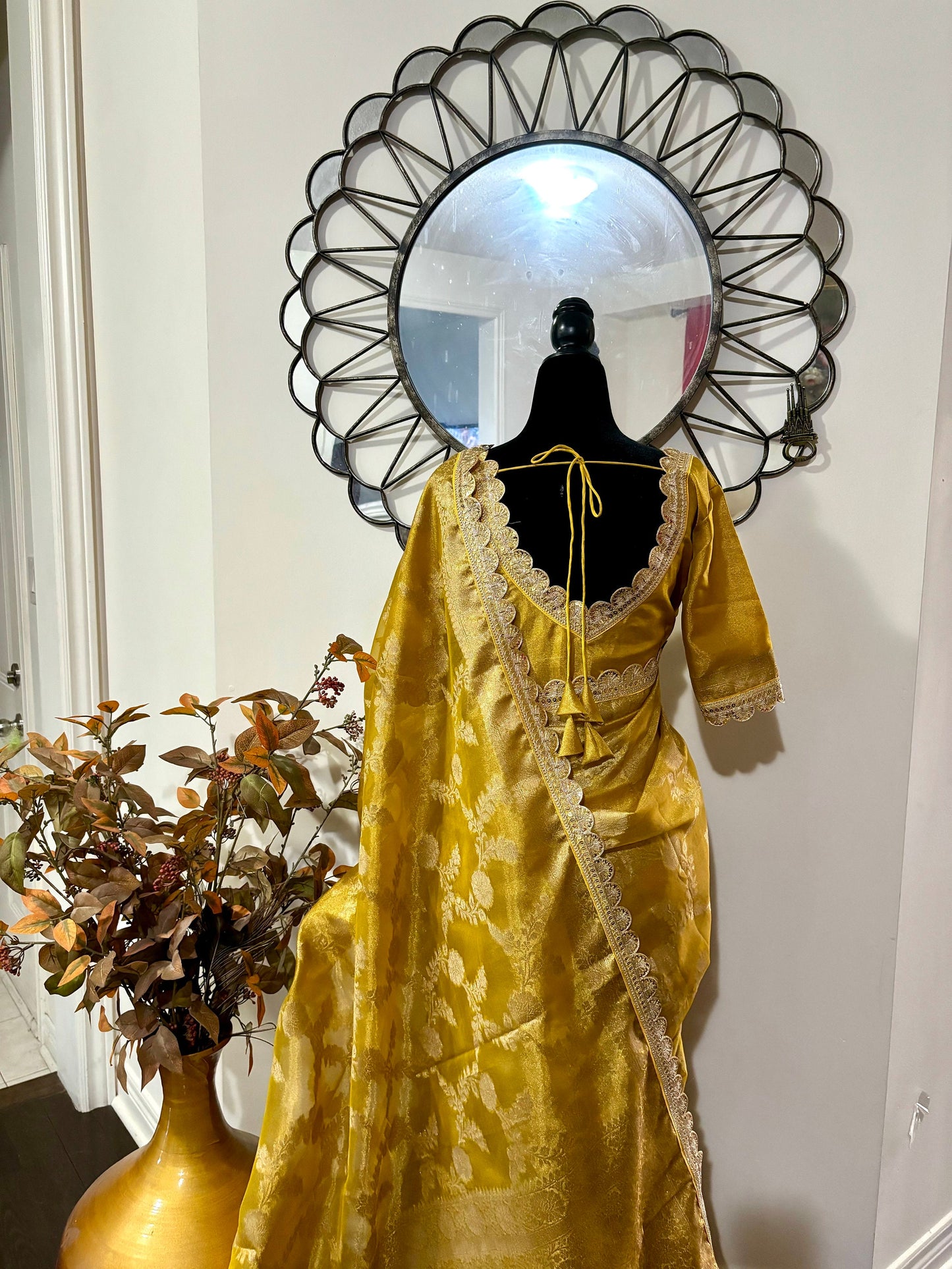 Beautiful party wear cocktail pure silk tissue saree paired up with pretty designer Blouse fits 32-46/contact seller for availabil