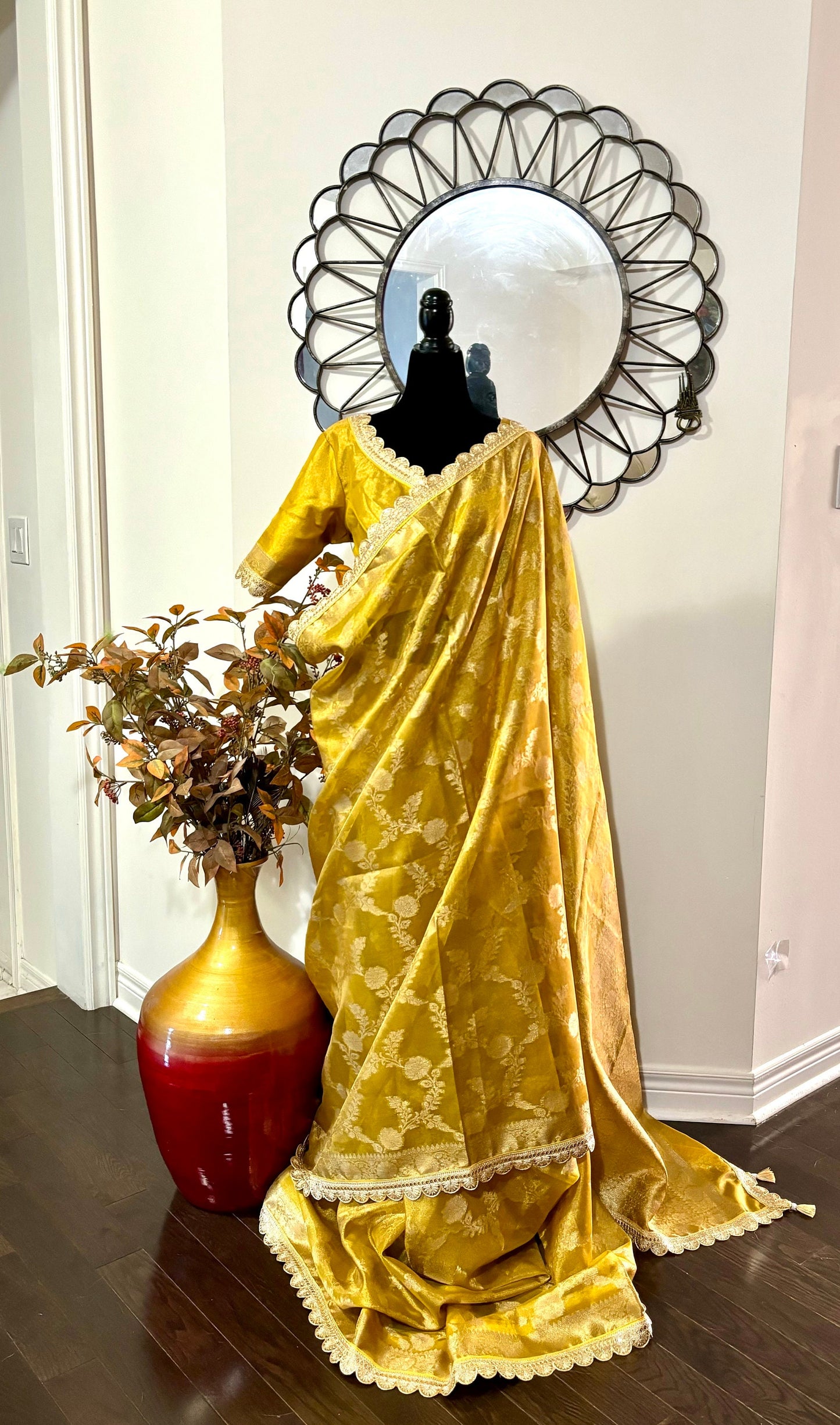 Beautiful party wear cocktail pure silk tissue saree paired up with pretty designer Blouse fits 32-46/contact seller for availabil