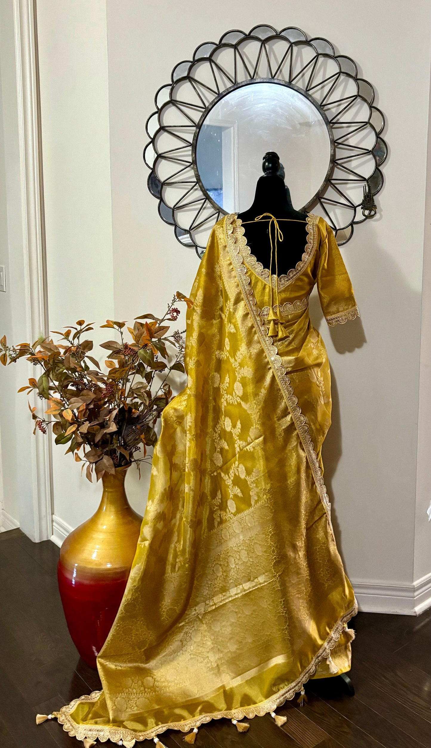 Beautiful party wear cocktail pure silk tissue saree paired up with pretty designer Blouse fits 32-46/contact seller for availabil