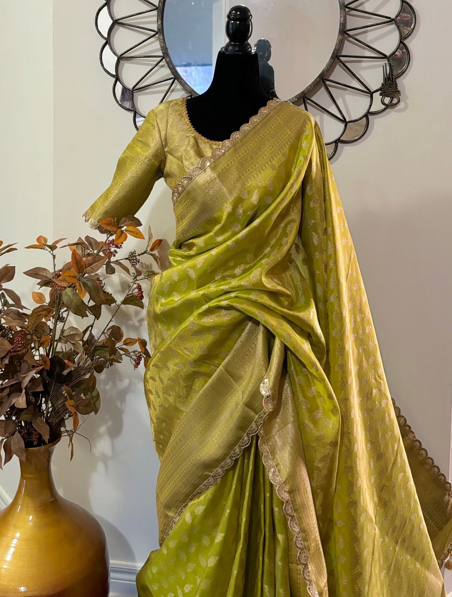 Beautiful party wear cocktail pure silk crushed tissue saree paired up with pretty designer Blouse fits 32-46/contact seller for availabil