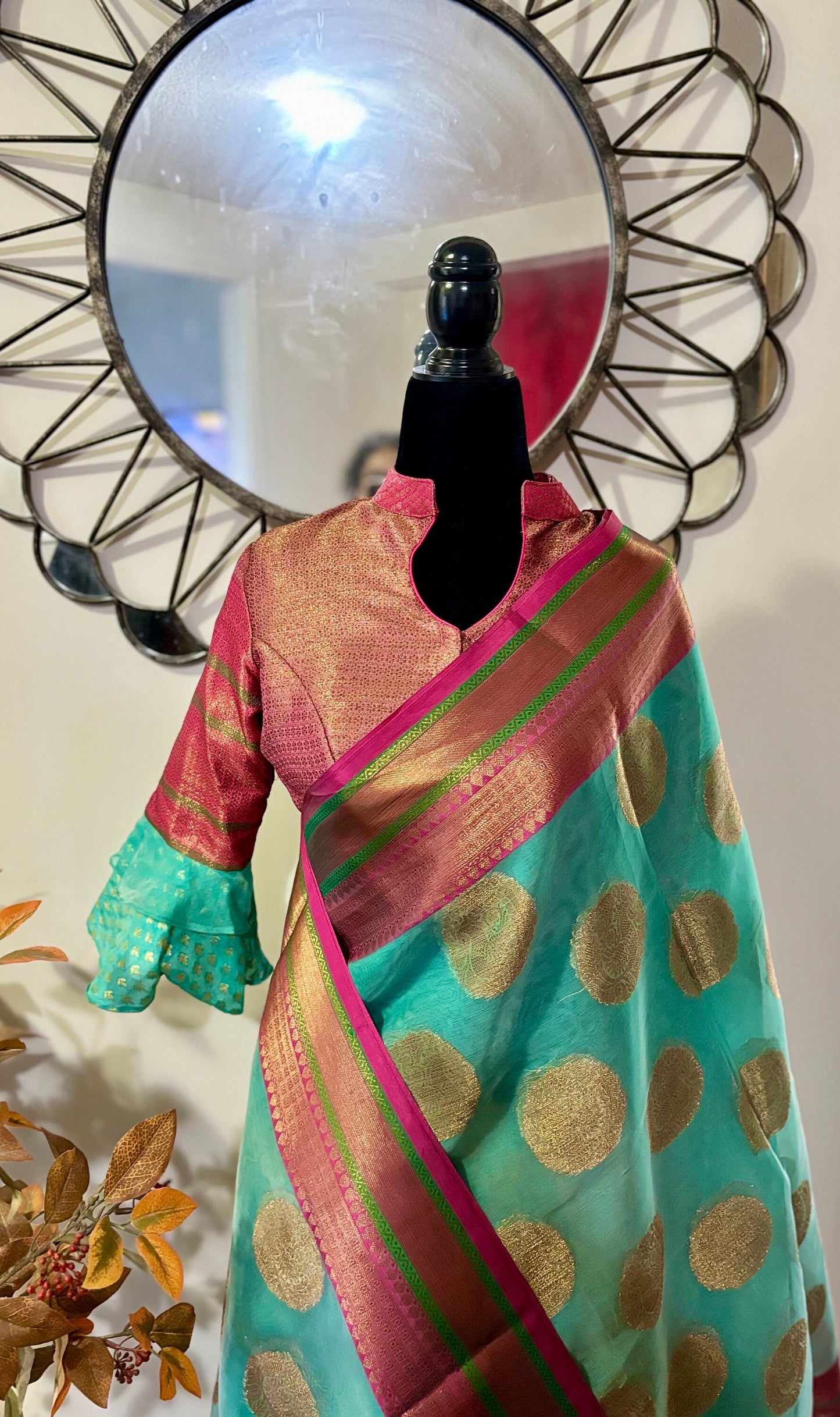 Beautiful Soft Banarasi kora organza cool pestal shades paired up with ready to wear pretty designer blouse fits to 32 to 46 size