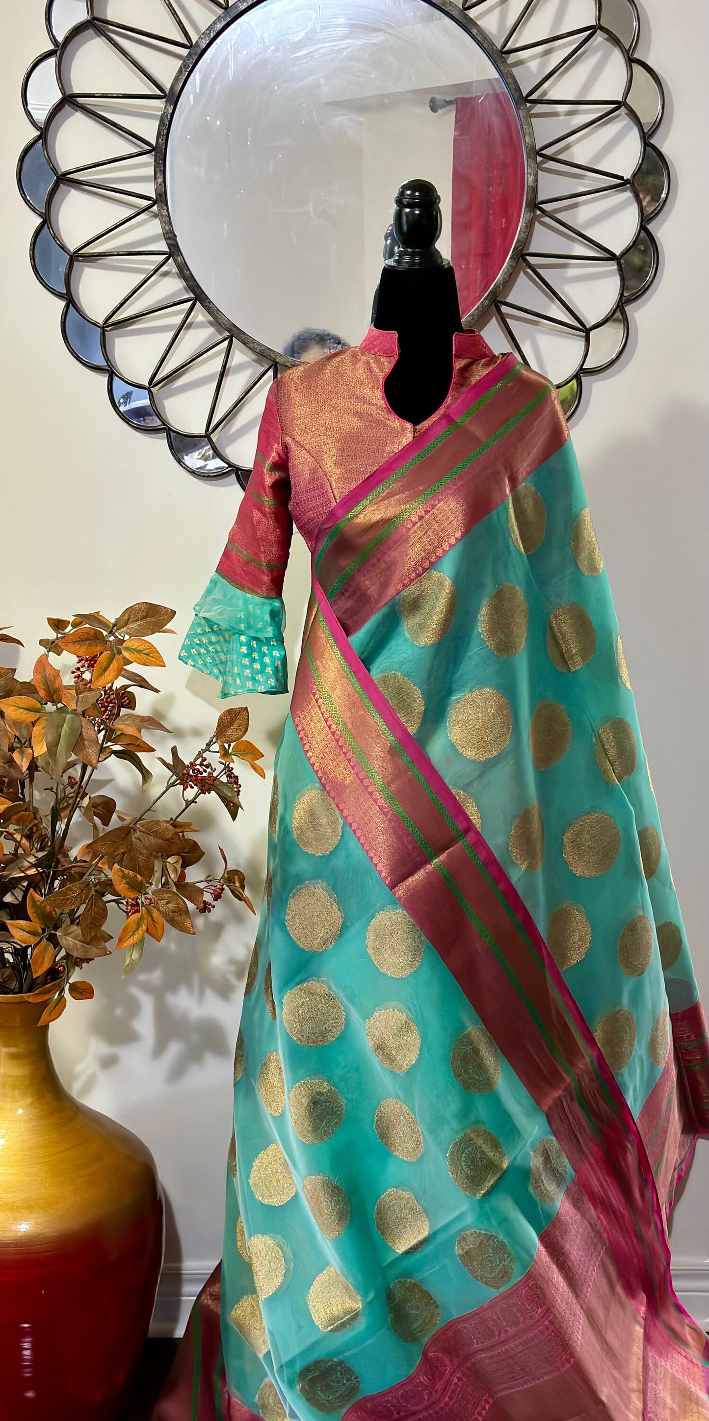 Beautiful Soft Banarasi kora organza cool pestal shades paired up with ready to wear pretty designer blouse fits to 32 to 46 size