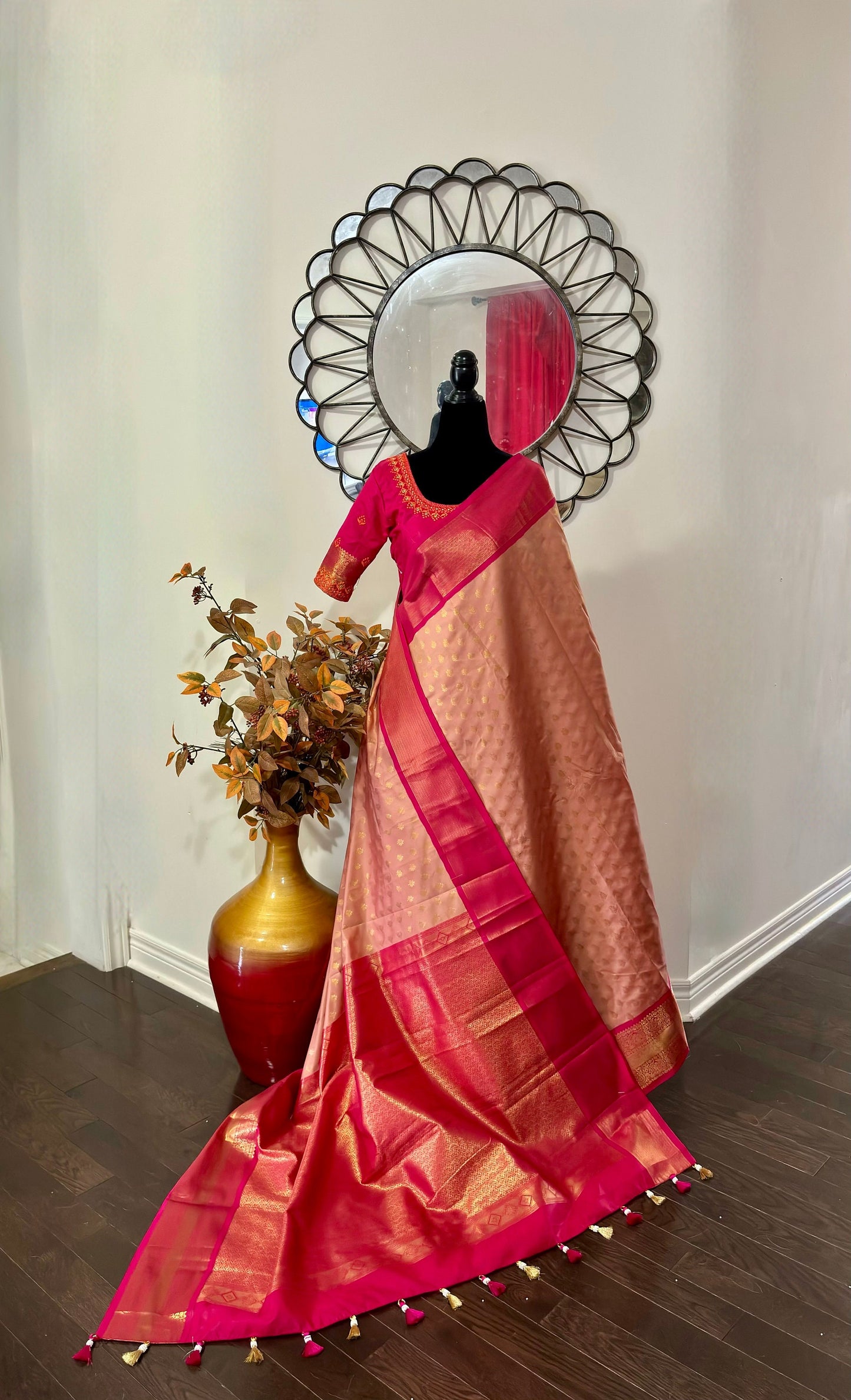 Soft Silk Kanjeevarm/Kanchipattu Sarees; Rose gold and hot pink combination ready to wear Blouse fits 32-46