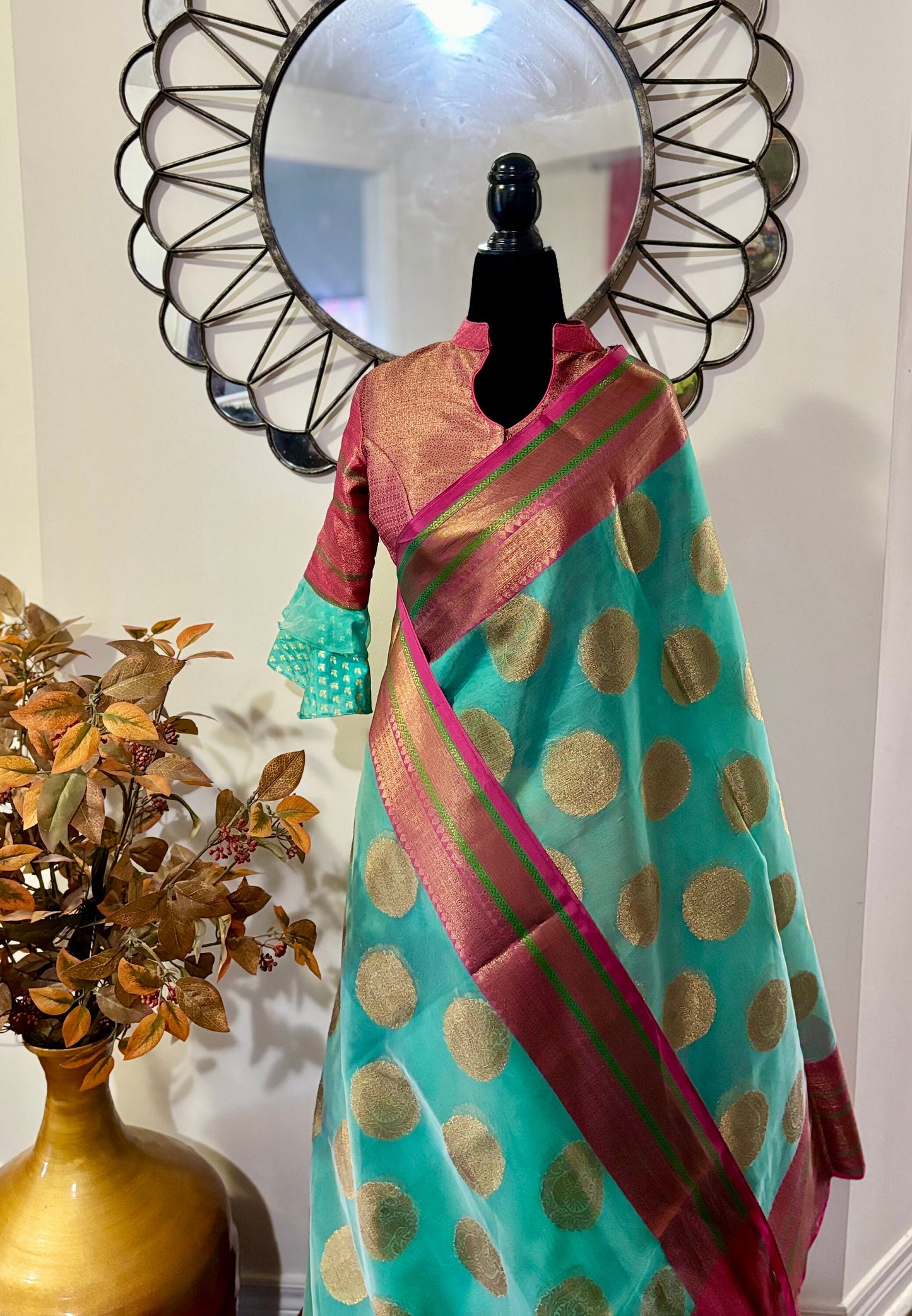 Beautiful Soft Banarasi kora organza cool pestal shades paired up with ready to wear pretty designer blouse fits to 32 to 46 size