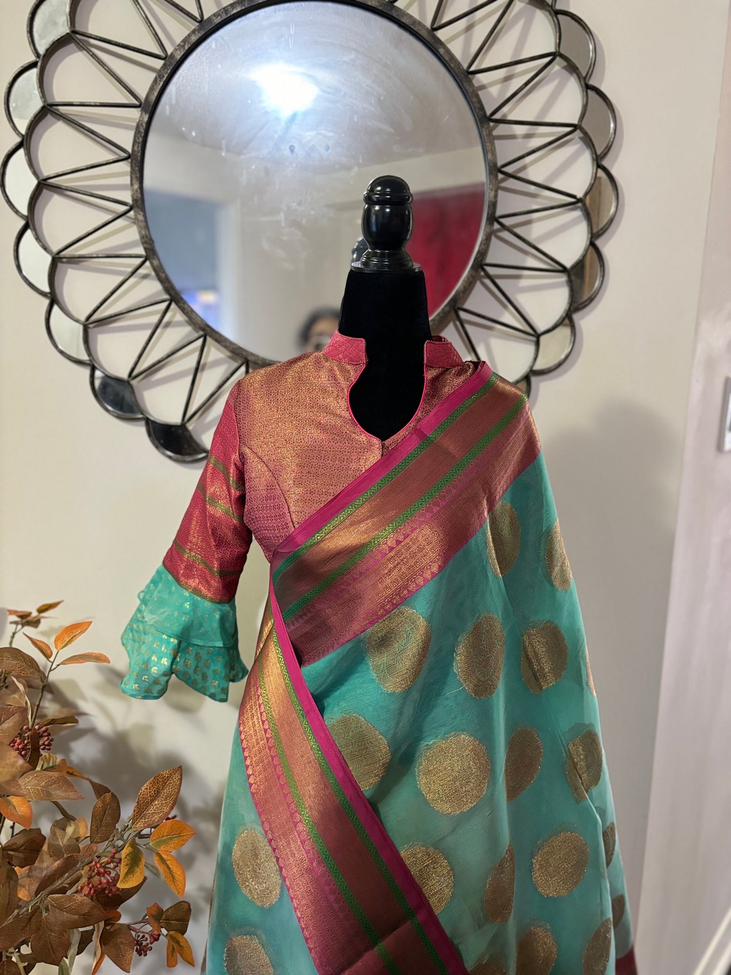 Beautiful Soft Banarasi kora organza cool pestal shades paired up with ready to wear pretty designer blouse fits to 32 to 46 size