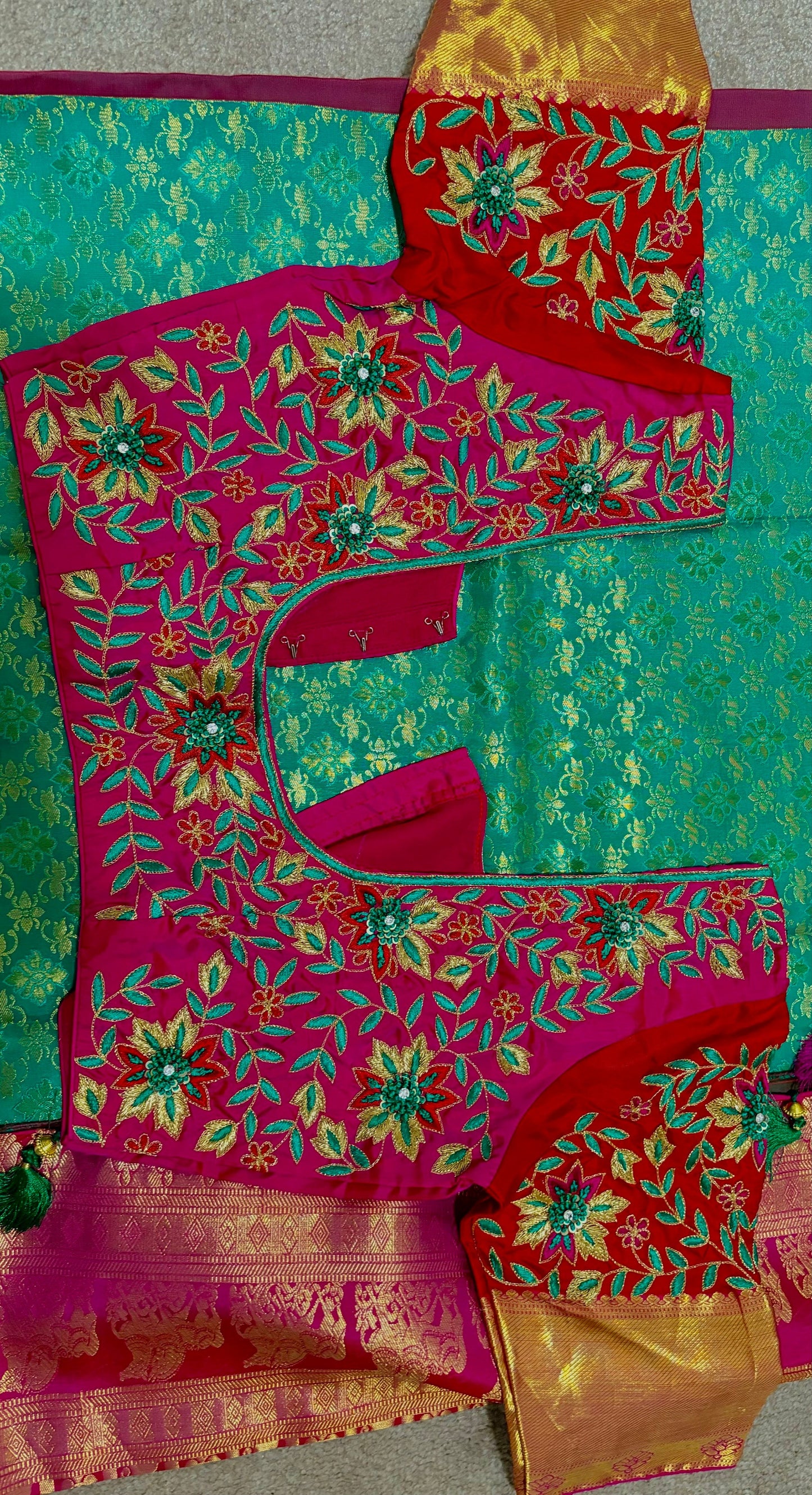 2 gram gold pure handloom  Silk Kanjeevarm/Kanchipattu Sarees; 3 color saree  ready to wear beautiful heavy maggam blouse 32-40 fit