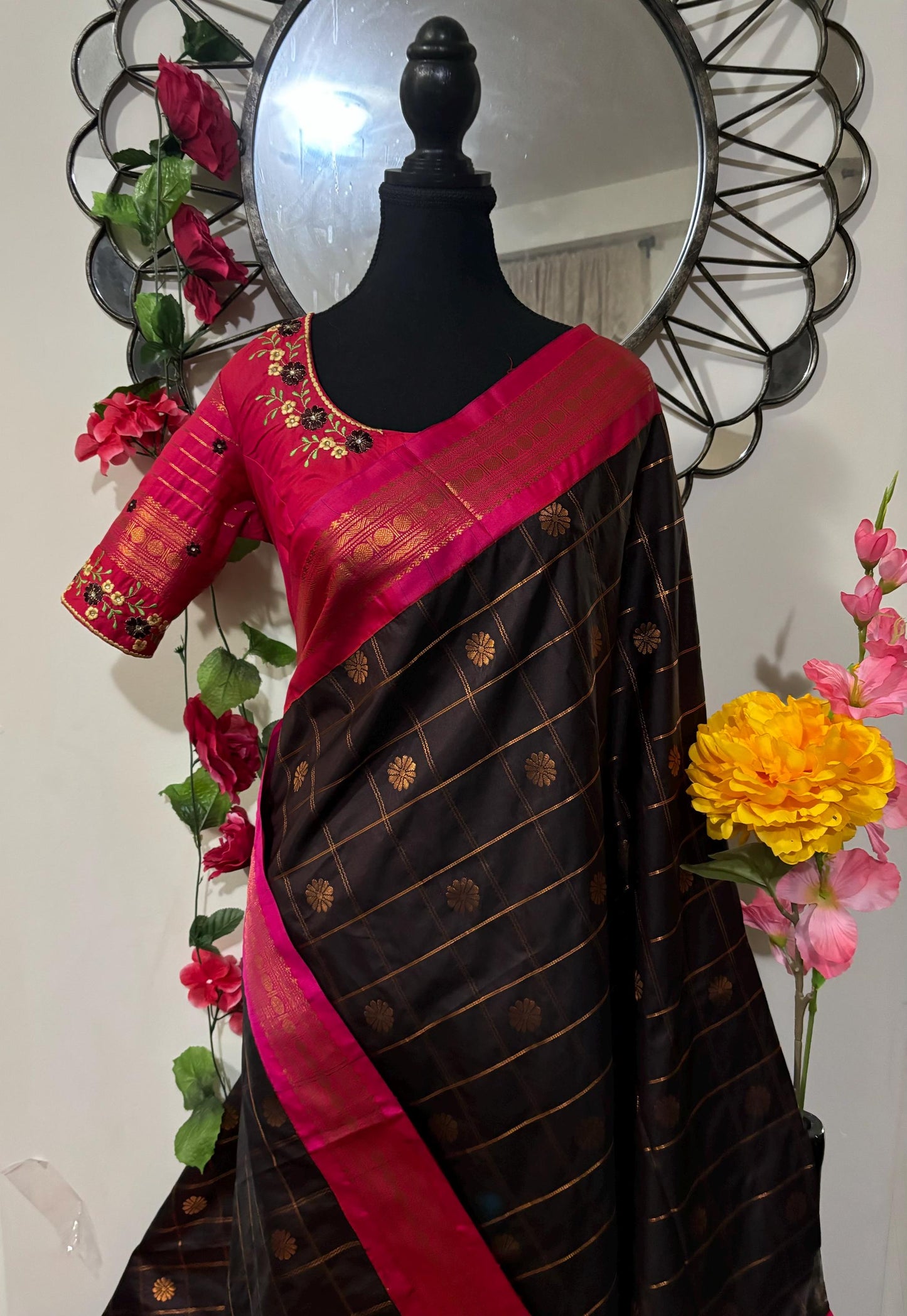 Gadwal chocolate color fancy pose loom silk sarees ch ready to wear with embroidered blouse fits up to 32 -46 saree is done fall pico