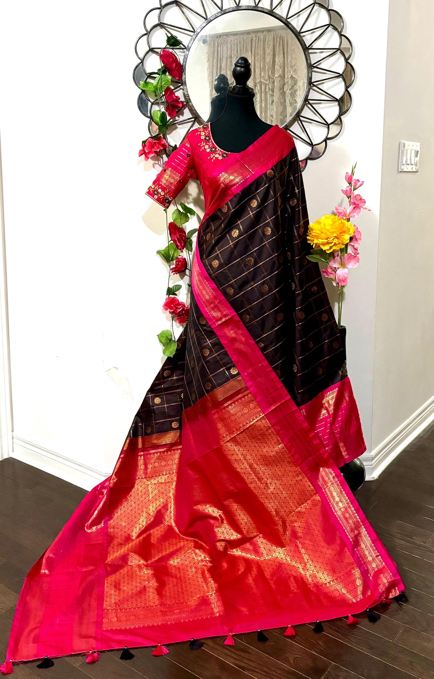 Gadwal chocolate color fancy pose loom silk sarees ch ready to wear with embroidered blouse fits up to 32 -46 saree is done fall pico