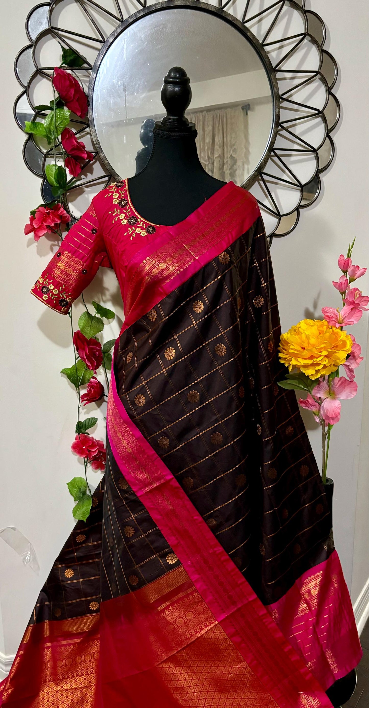Gadwal chocolate color fancy pose loom silk sarees ch ready to wear with embroidered blouse fits up to 32 -46 saree is done fall pico