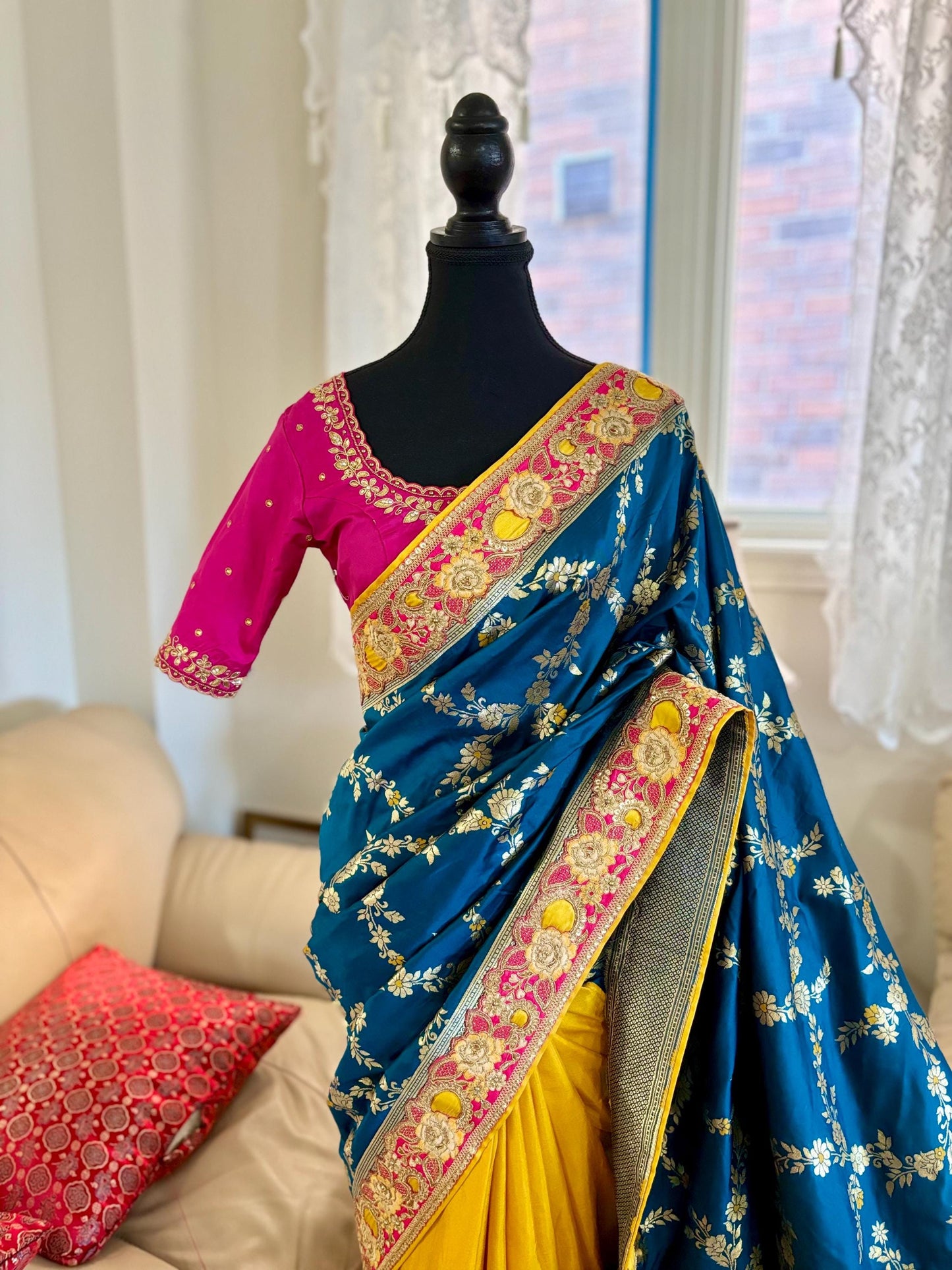 Beautiful party wear cocktail pure silk Banarasi and Raw mango half and half designer saree paird with pretty maggam blouse 32-40 size