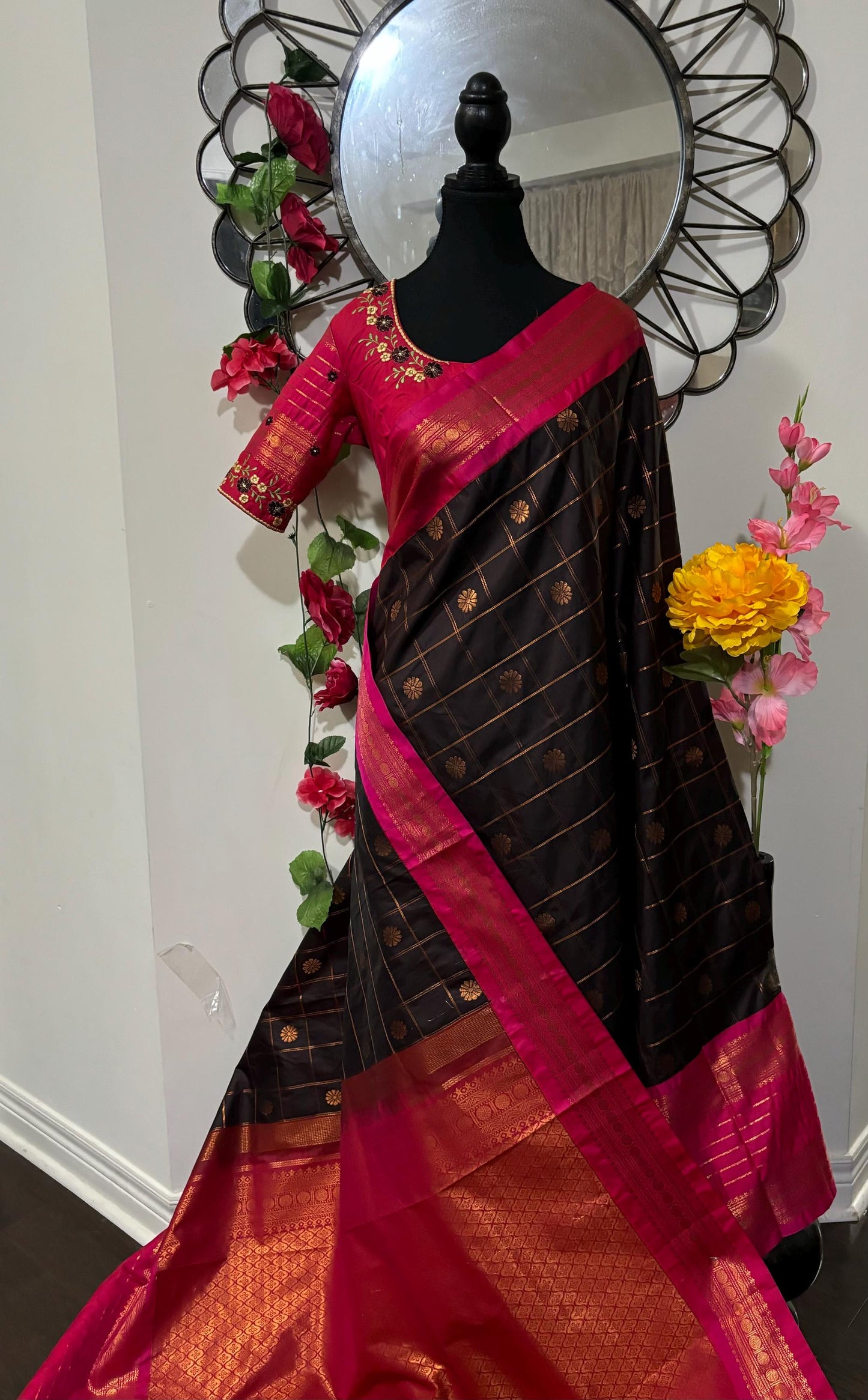 Gadwal chocolate color fancy pose loom silk sarees ch ready to wear with embroidered blouse fits up to 32 -46 saree is done fall pico