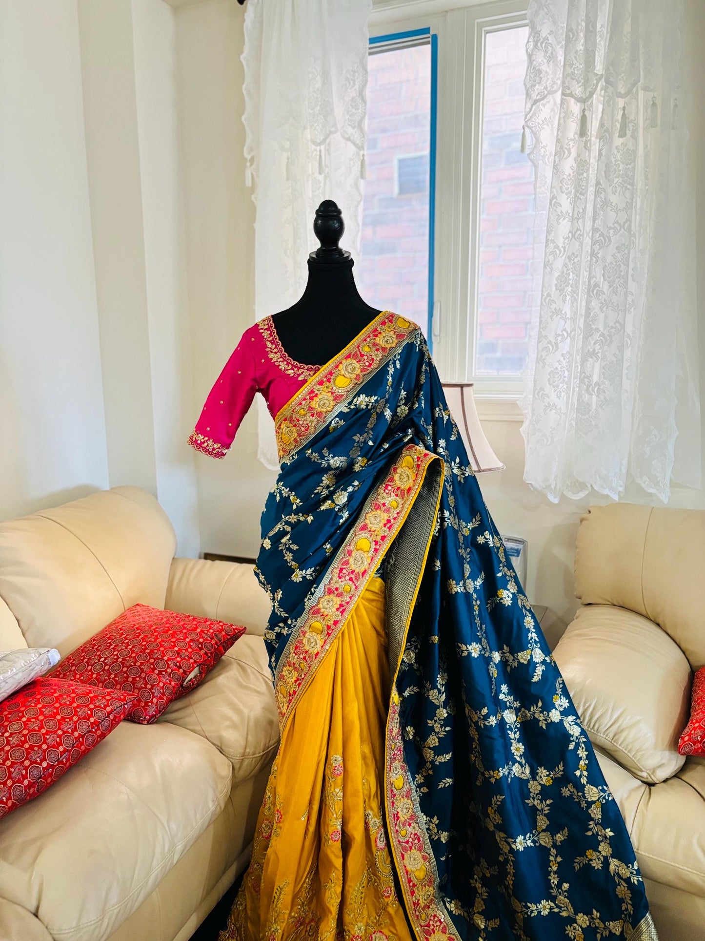 Beautiful party wear cocktail pure silk Banarasi and Raw mango half and half designer saree paird with pretty maggam blouse 32-40 size