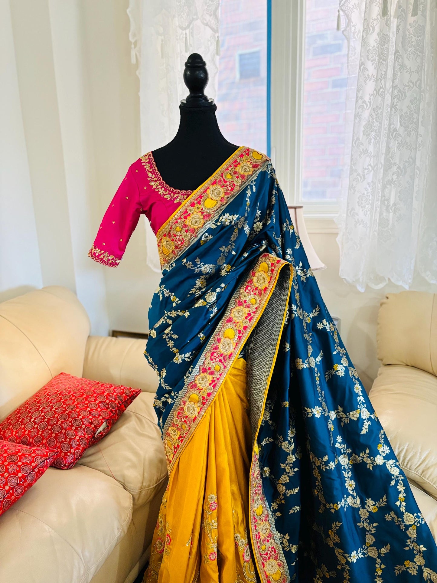 Beautiful party wear cocktail pure silk Banarasi and Raw mango half and half designer saree paird with pretty maggam blouse 32-40 size