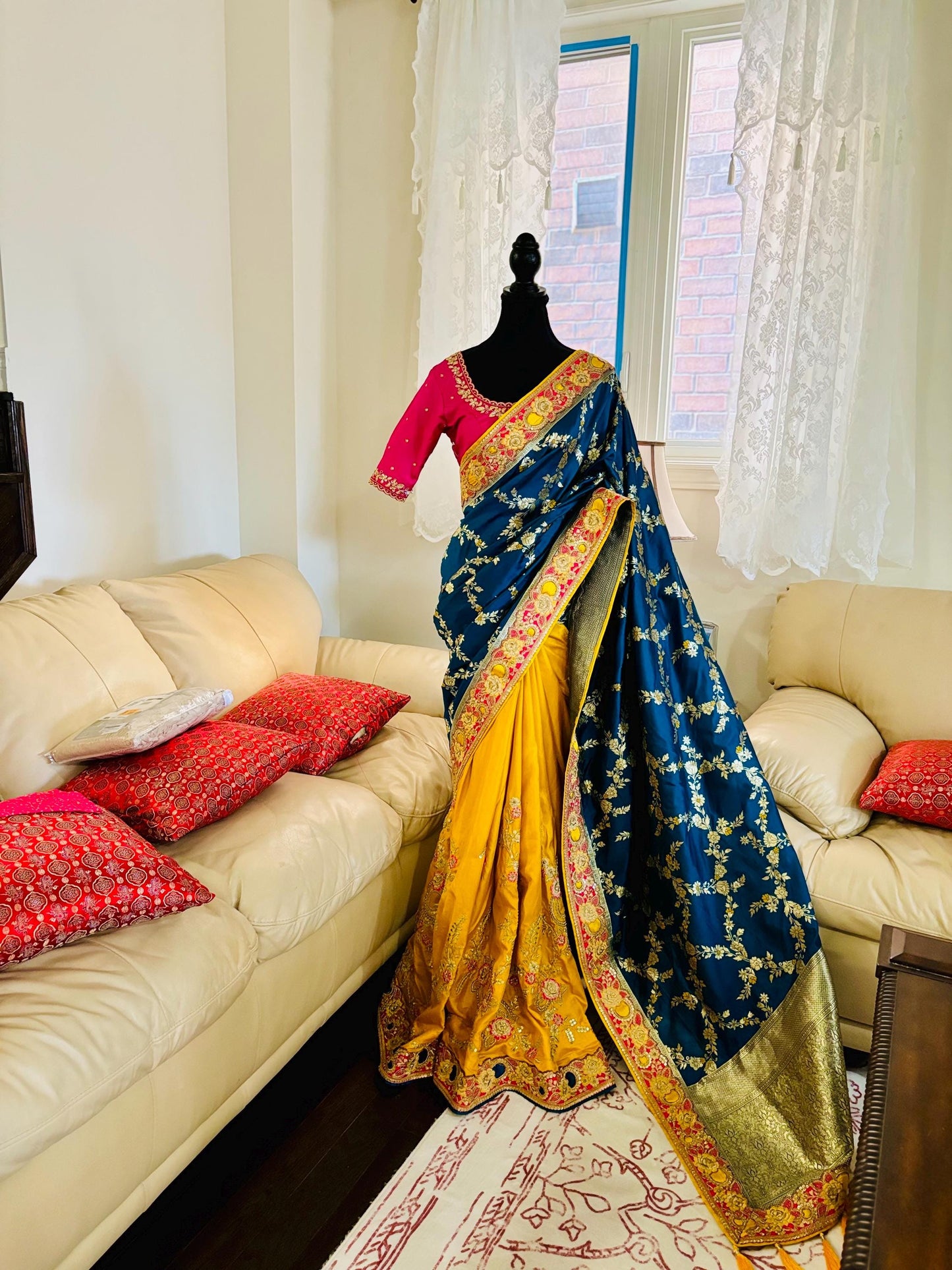 Beautiful party wear cocktail pure silk Banarasi and Raw mango half and half designer saree paird with pretty maggam blouse 32-40 size