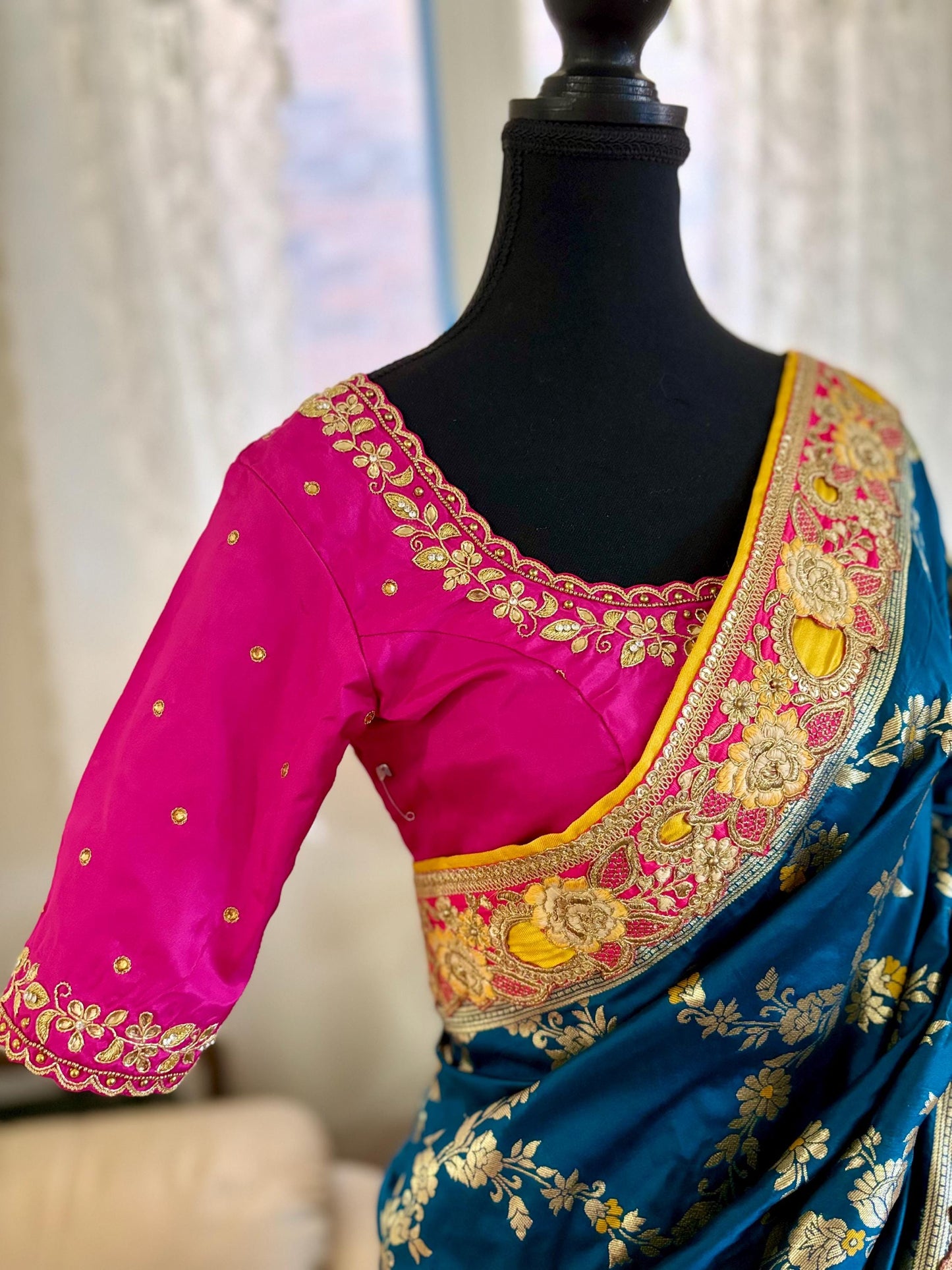 Beautiful party wear cocktail pure silk Banarasi and Raw mango half and half designer saree paird with pretty maggam blouse 32-40 size