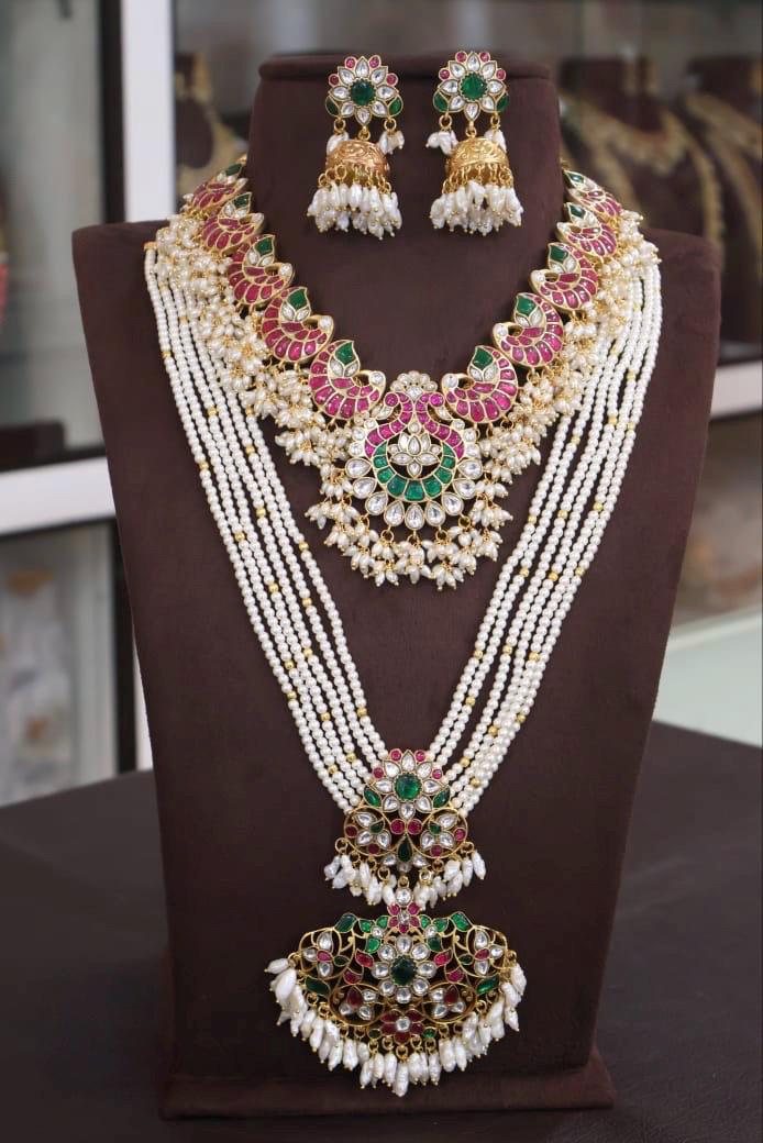 Party and wedding wear Anteque gold finish one gram gold bridal set with precious pearls , emaralds beads and Kempu stones