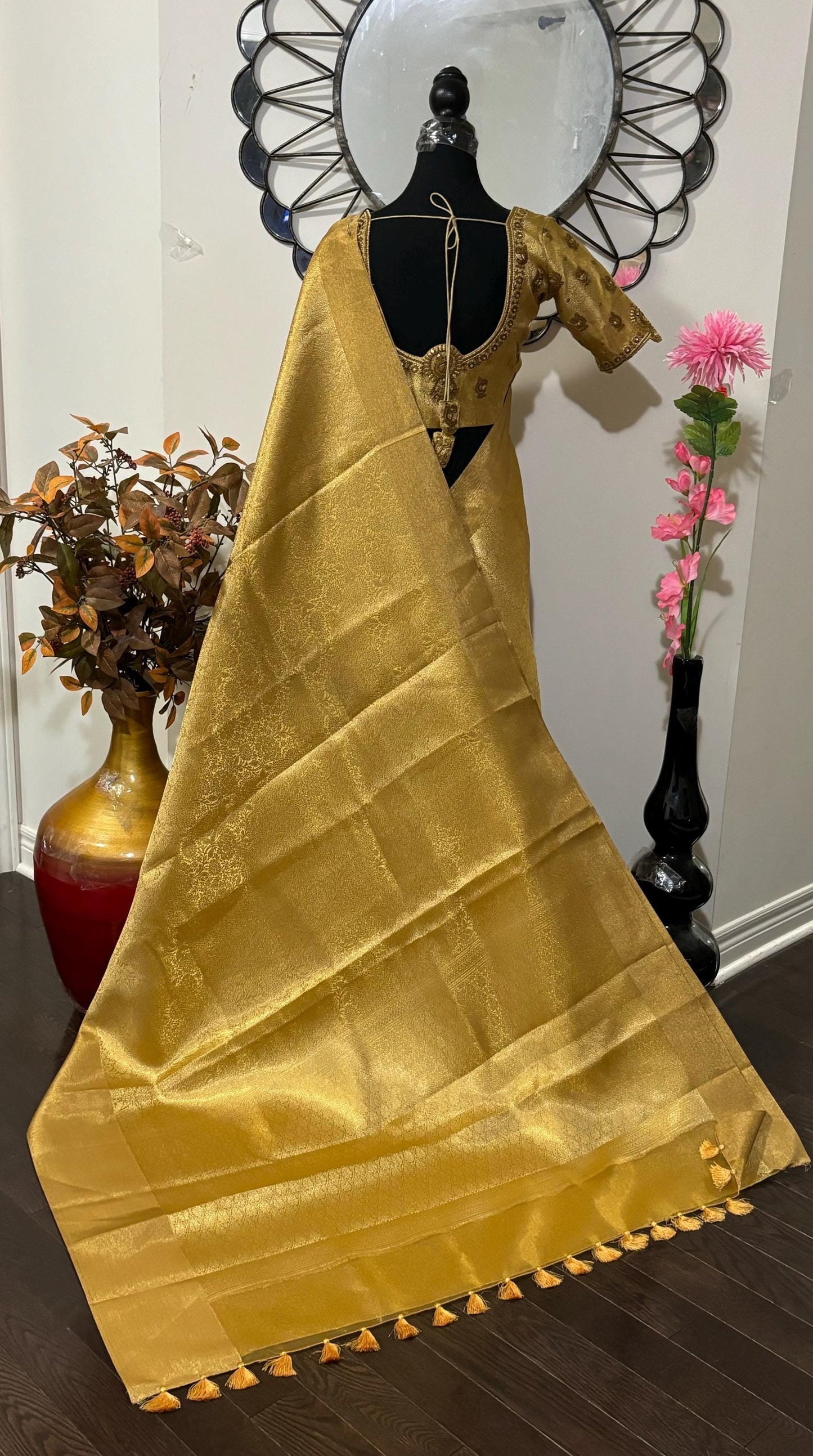 Banarasi golden tissue saree with self weaving butties on all over with beautifully done work blouse fits 32 to 46