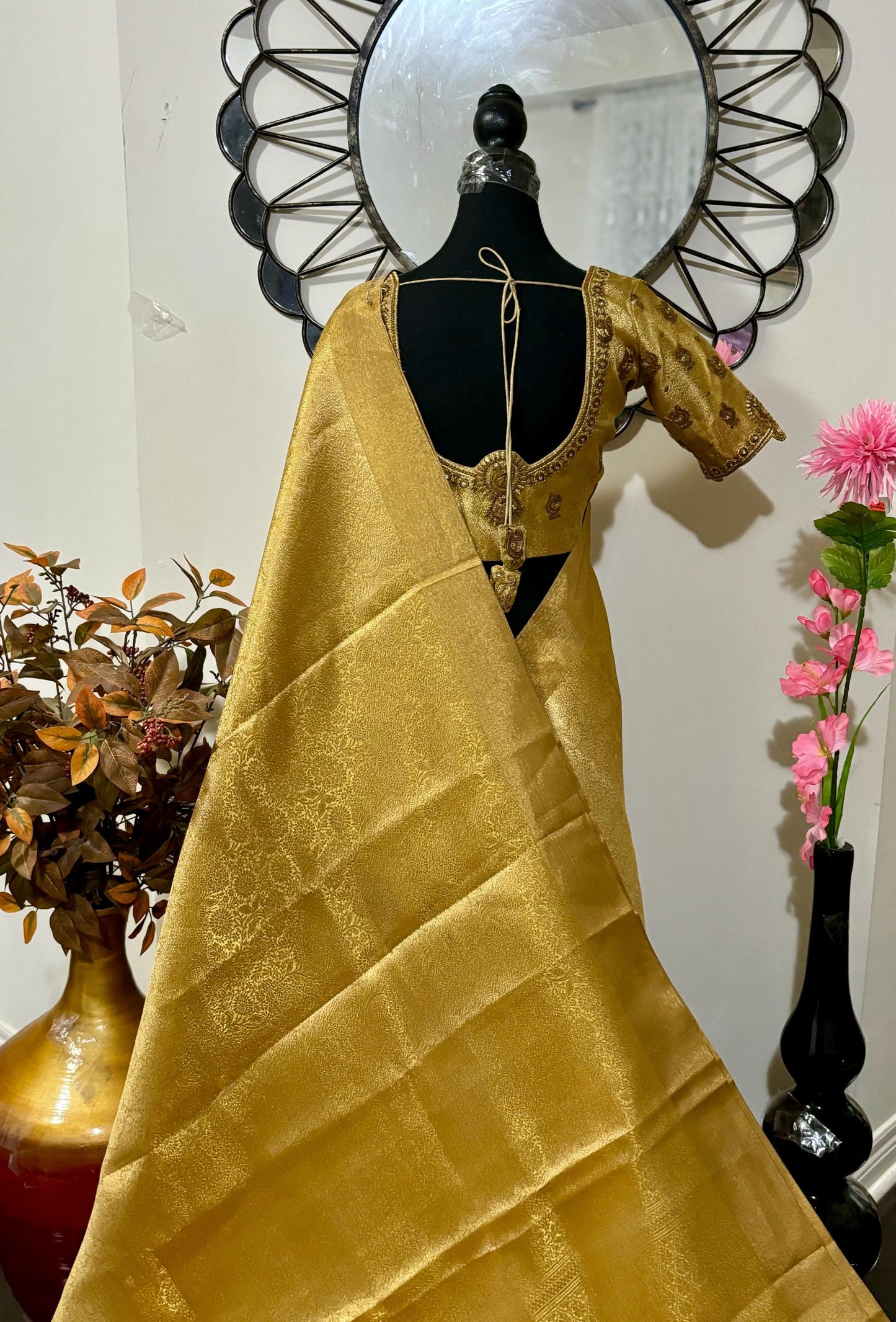 Banarasi golden tissue saree with self weaving butties on all over with beautifully done work blouse fits 32 to 46