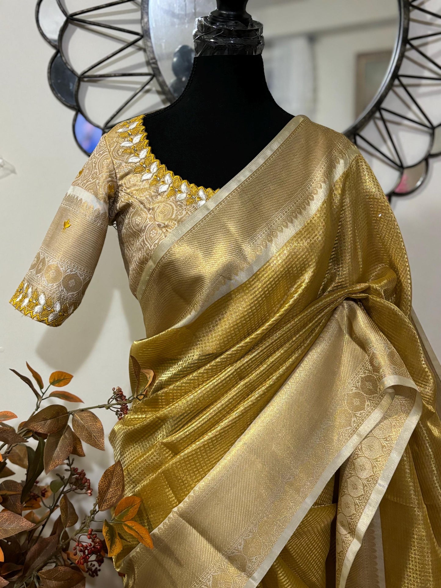 Banarasi double shades golden tissue saree with self weaving stripes on all over with beautifully done work blouse fits 32 to 46