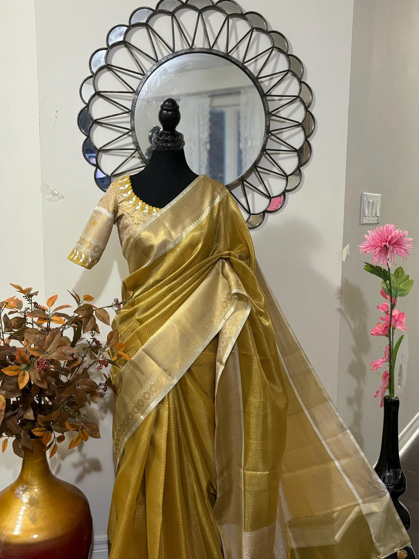 Banarasi double shades golden tissue saree with self weaving stripes on all over with beautifully done work blouse fits 32 to 46