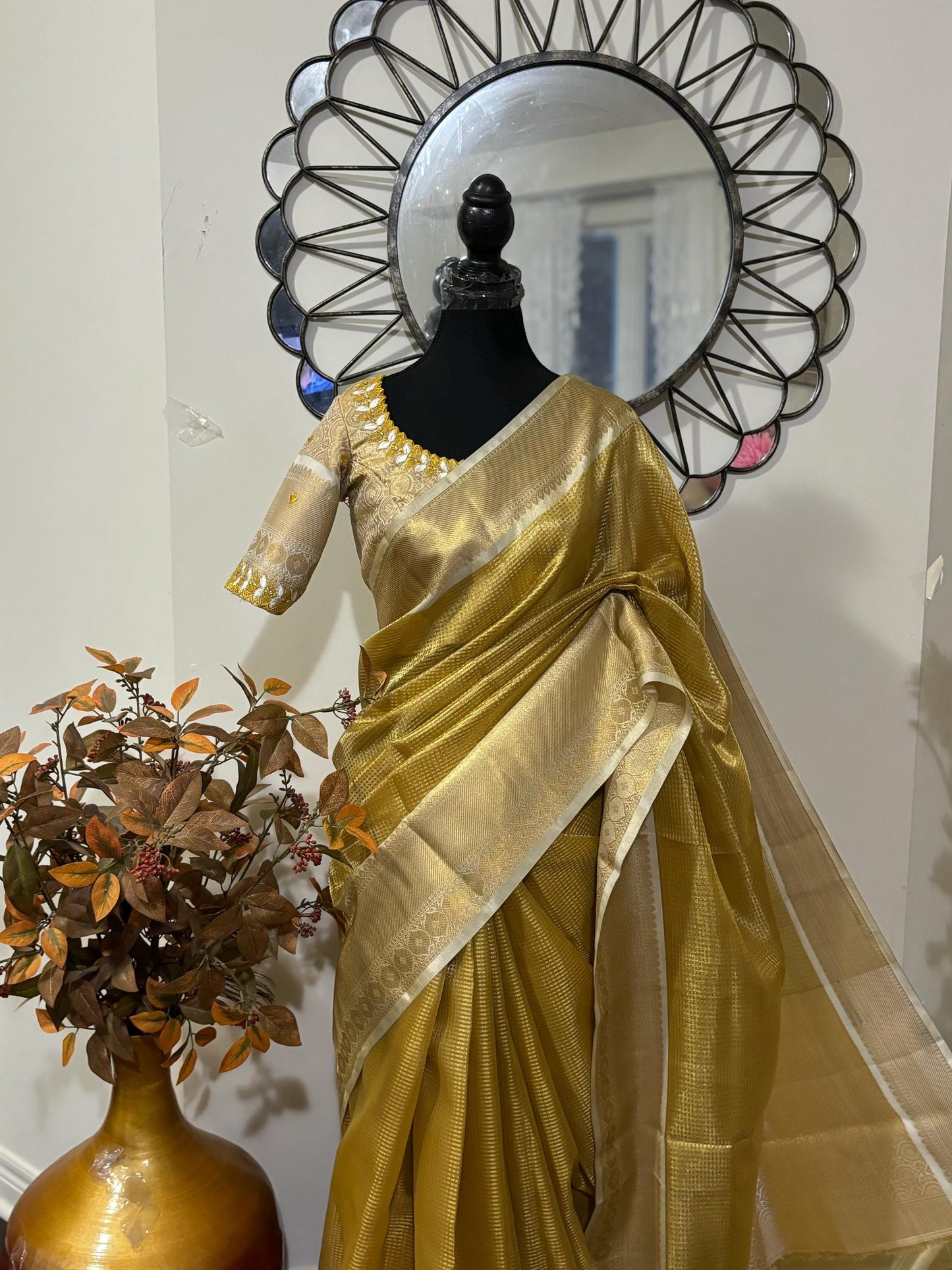 Banarasi double shades golden tissue saree with self weaving stripes on all over with beautifully done work blouse fits 32 to 46