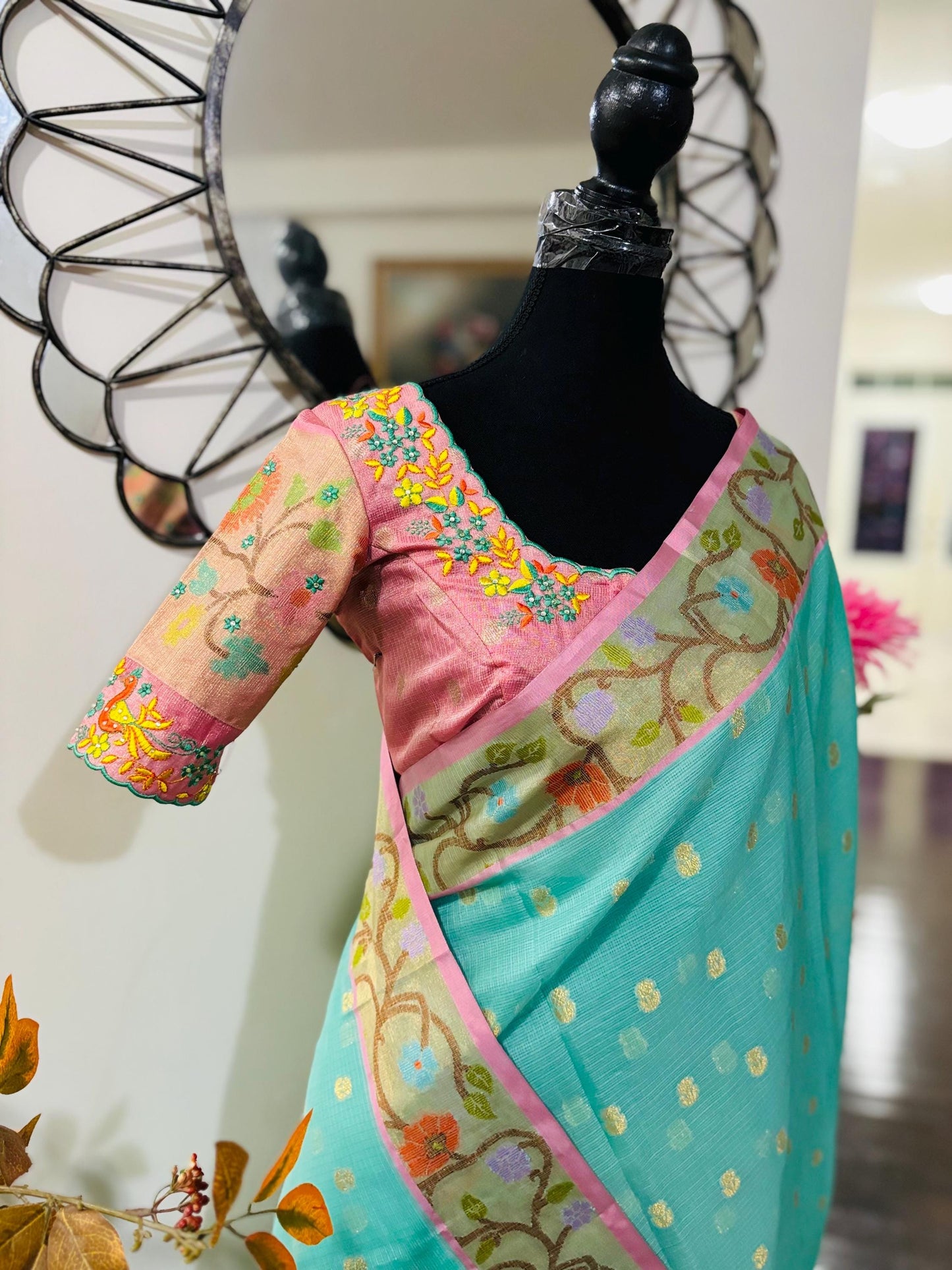 Beautiful Tissue Zari Kota saree with pythani Zari boardes and beautifully done work blous paired up with pretty blouse fits up to 32 to 46