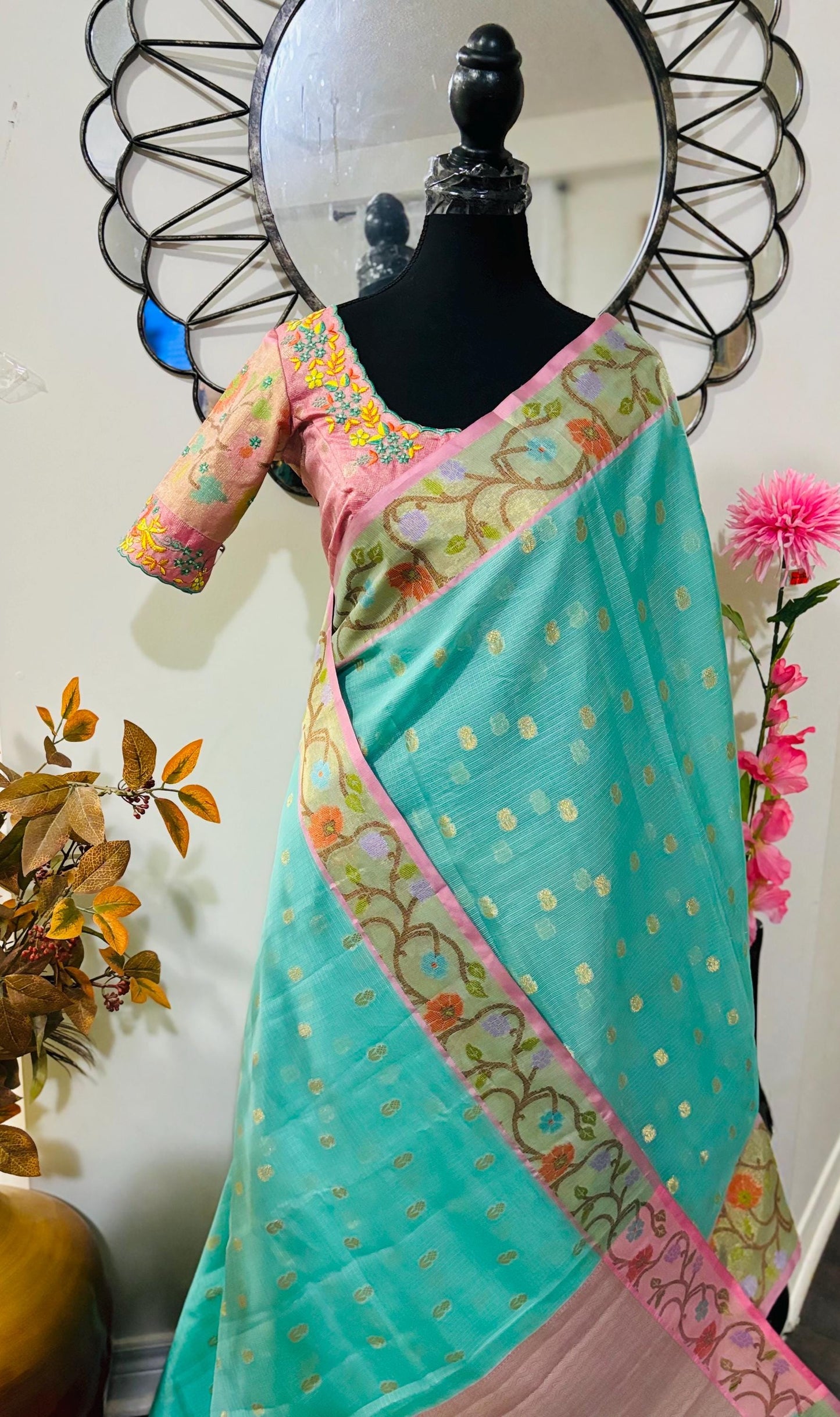 Beautiful Tissue Zari Kota saree with pythani Zari boardes and beautifully done work blous paired up with pretty blouse fits up to 32 to 46