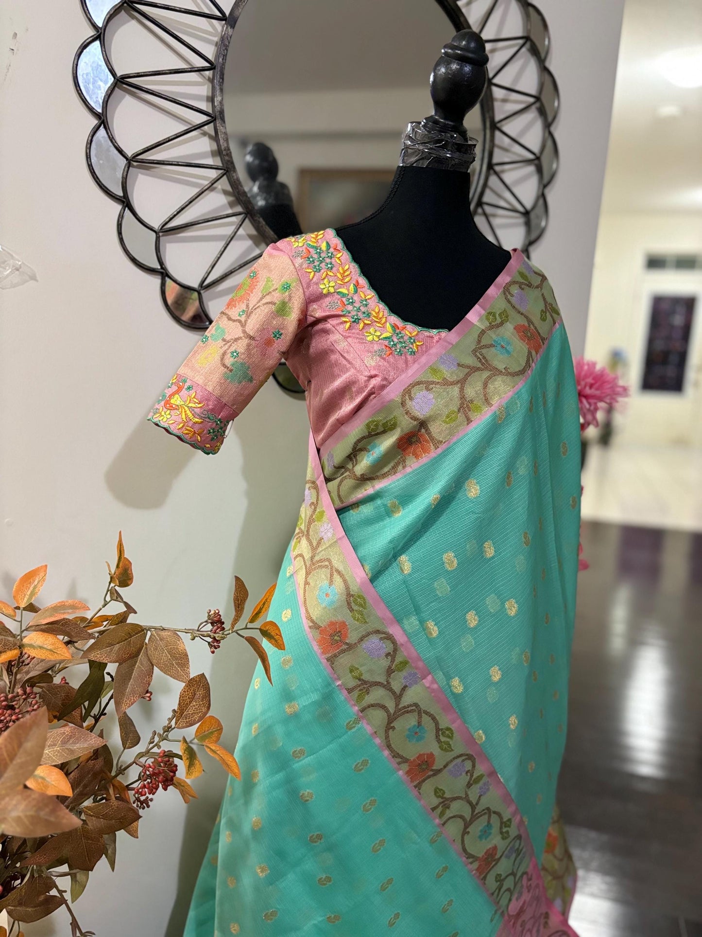 Beautiful Tissue Zari Kota saree with pythani Zari boardes and beautifully done work blous paired up with pretty blouse fits up to 32 to 46